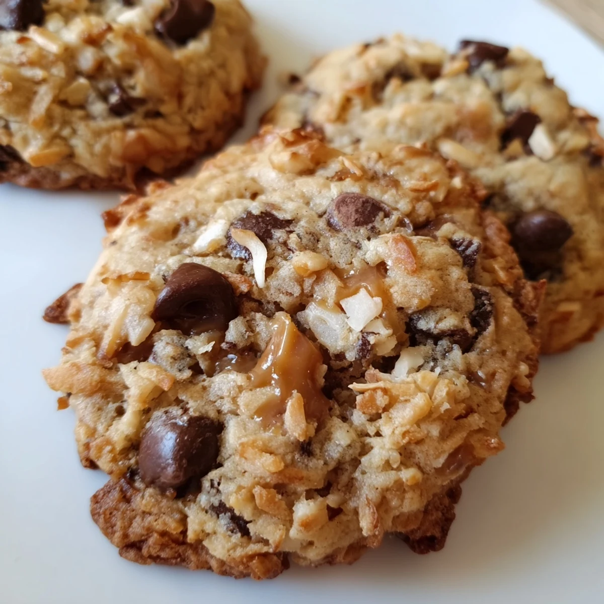 Batch of warm gluten-free coconut caramel chocolate chip cookies with gooey caramel pieces peeking through