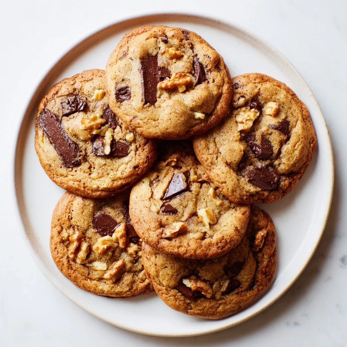 Plate of warm brown butter banana chocolate chip cookies with gooey chocolate centers visible