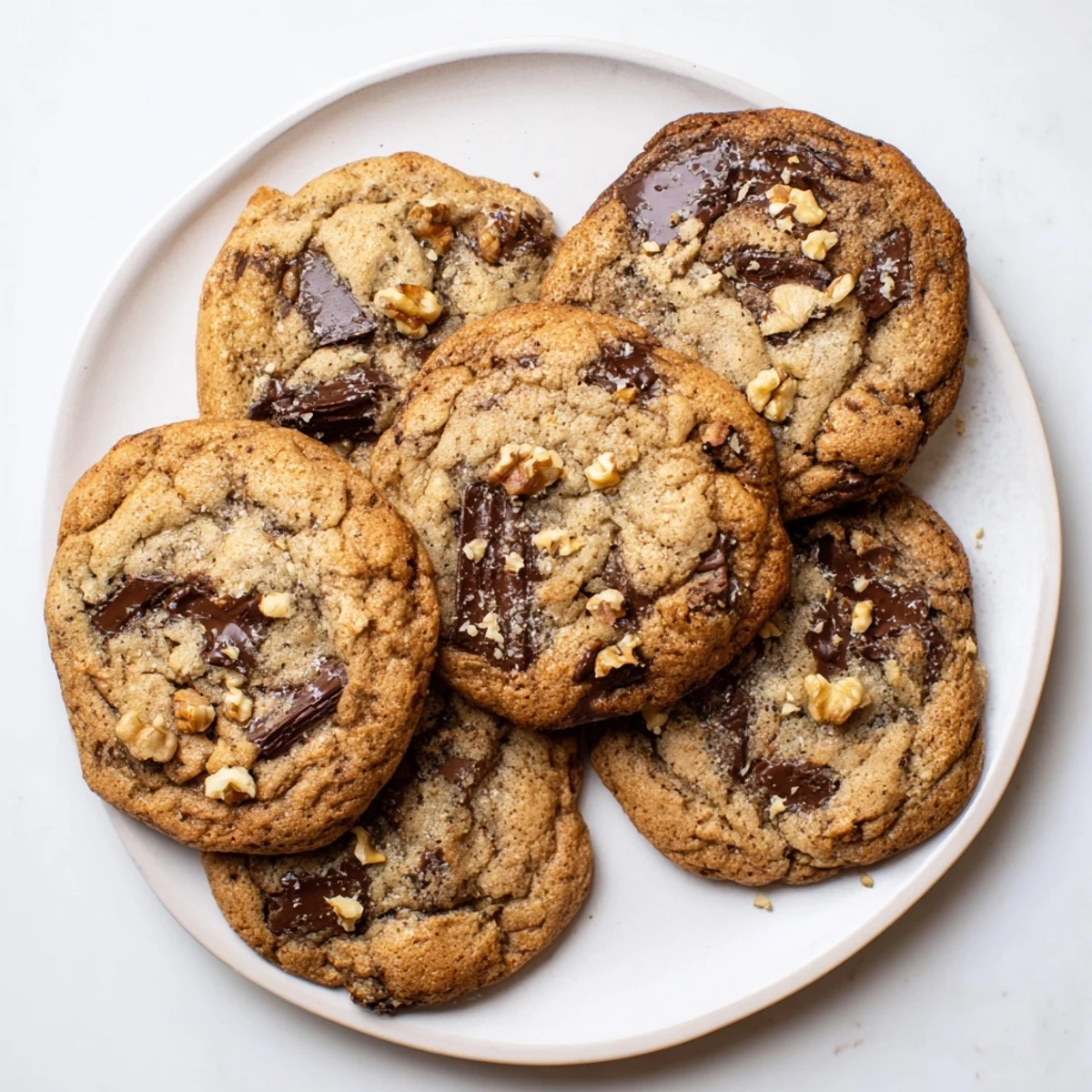 Chewy homemade brown butter banana chocolate chip cookies stacked on a wooden cutting board
