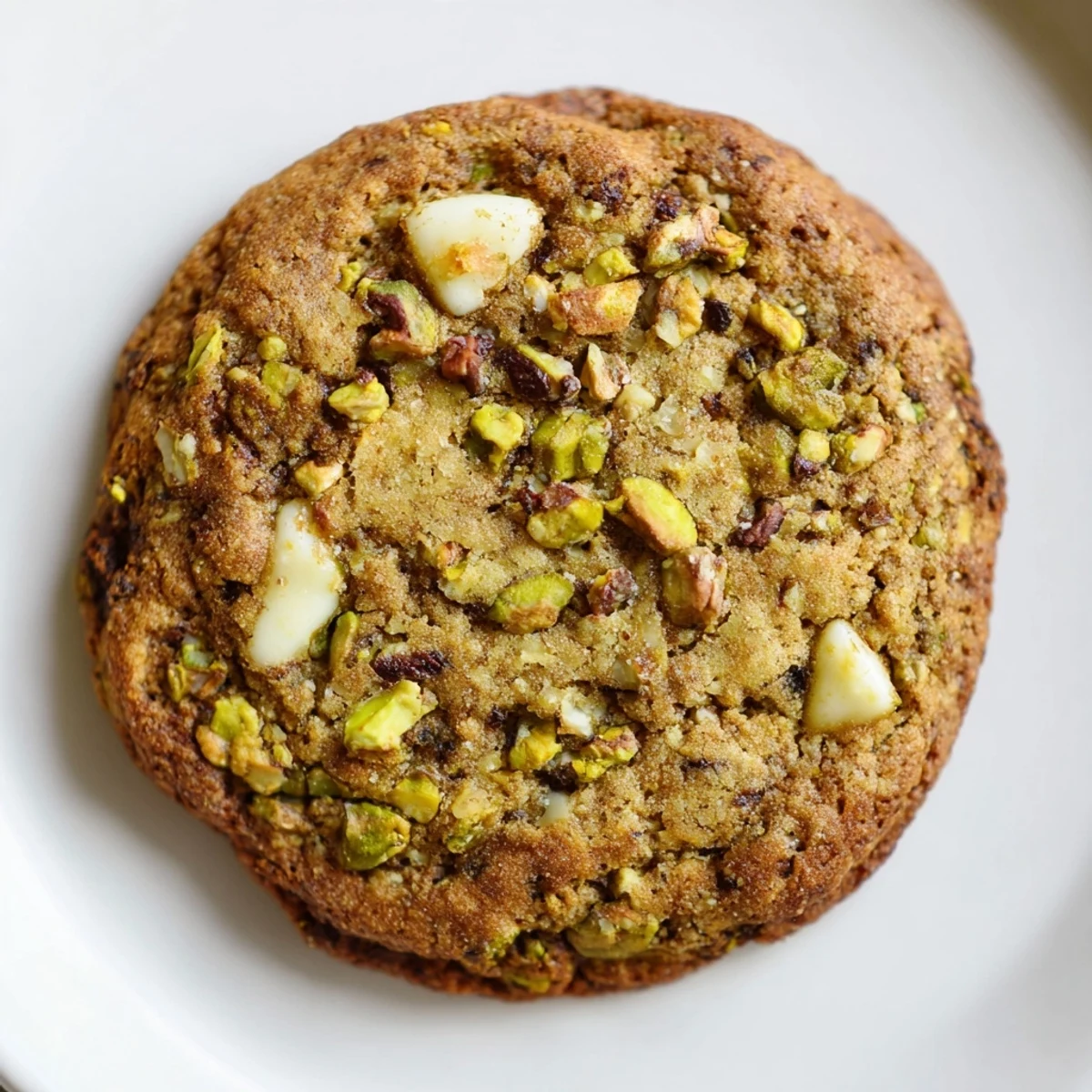 Golden brown gluten-free pistachio white chocolate cookies with visible chunks on a cooling rack