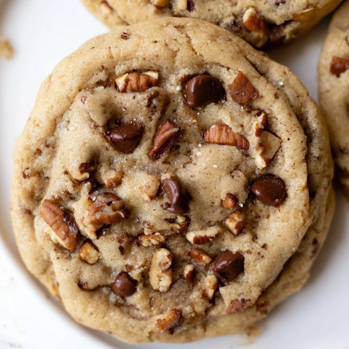 Close-up of soft chewy vanilla bean chocolate chip cookies fresh from the oven with visible vanilla specks