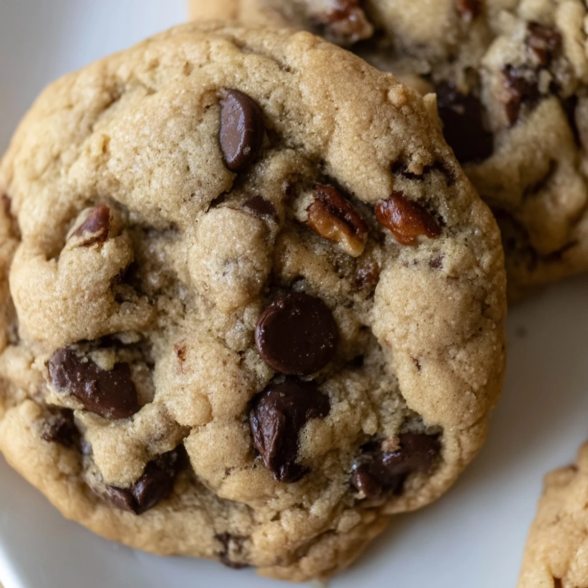 Golden gluten-free vanilla bean chocolate chip cookies with melty chocolate chunks on a white plate