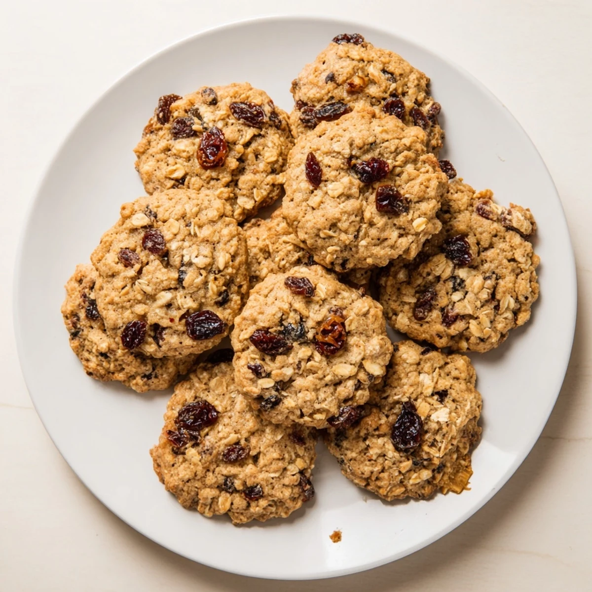 Golden brown vegan cranberry orange oatmeal raisin cookies studded with tart red berries and plump raisins on a cooling rack