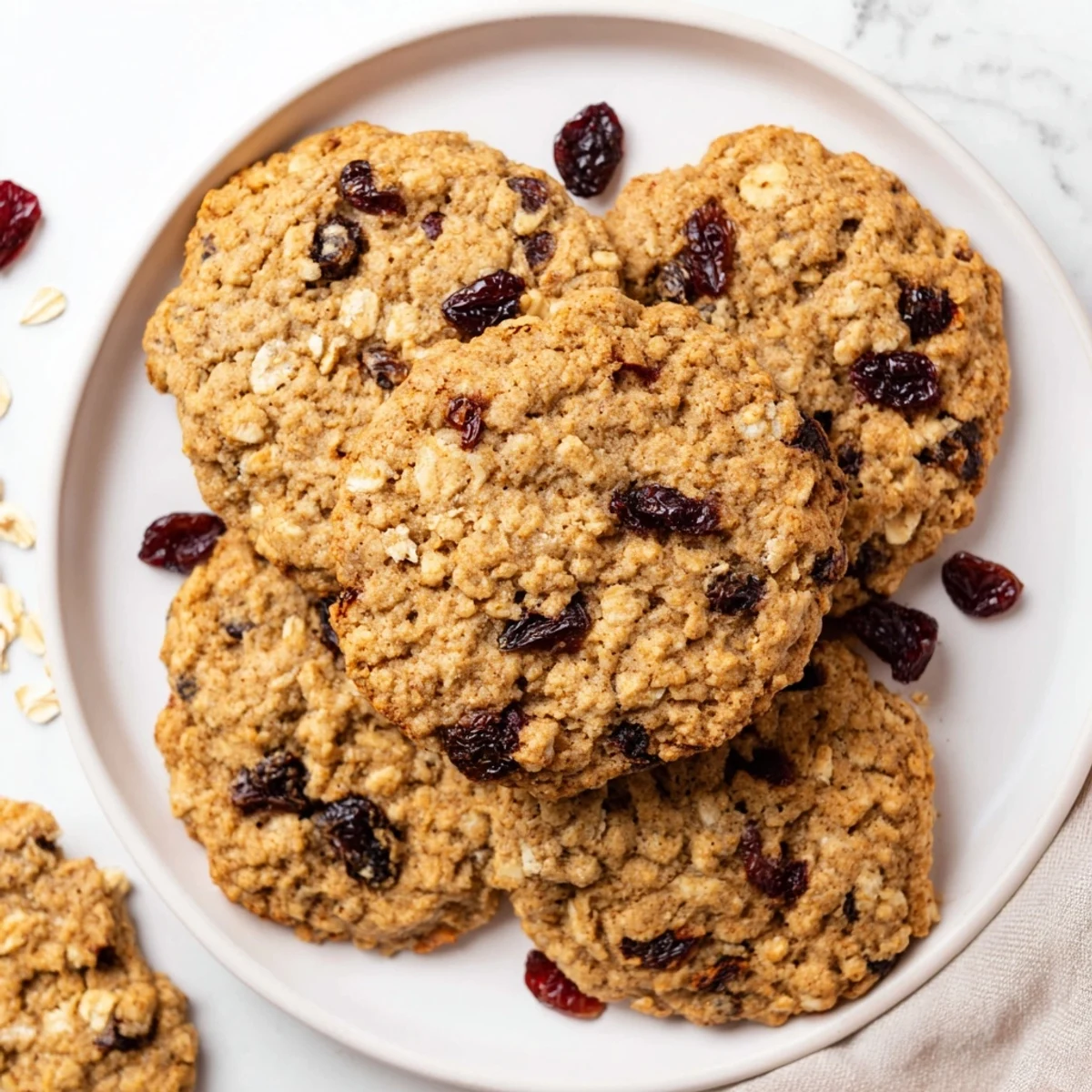 Chewy dairy-free oatmeal cookies flecked with orange zest and colorful dried cranberries ready for a wholesome plant-based snack