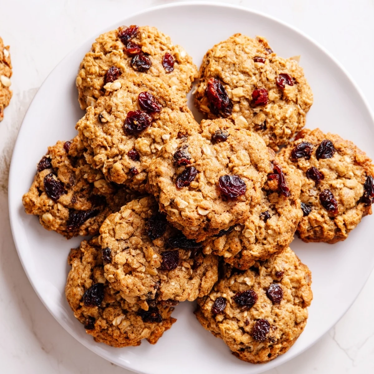 Freshly baked vegan oatmeal raisin cookies with bright cranberries and citrusy orange notes cooling on a parchment-lined baking sheet