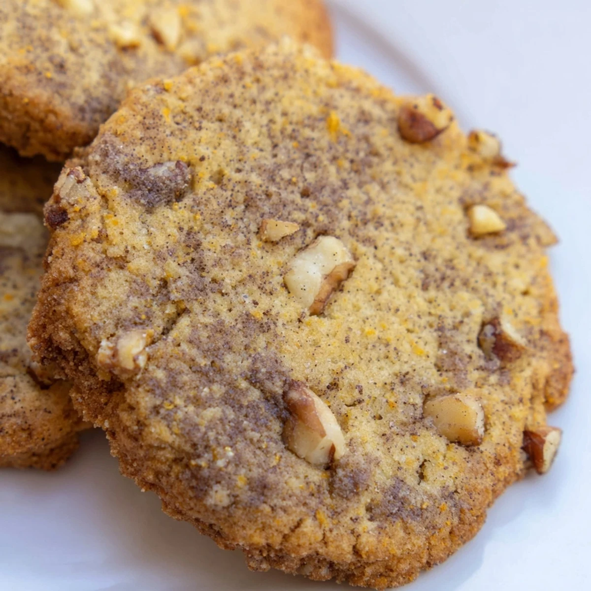 Golden brown keto espresso walnut cookies cooling on a wire rack with chopped nuts visible