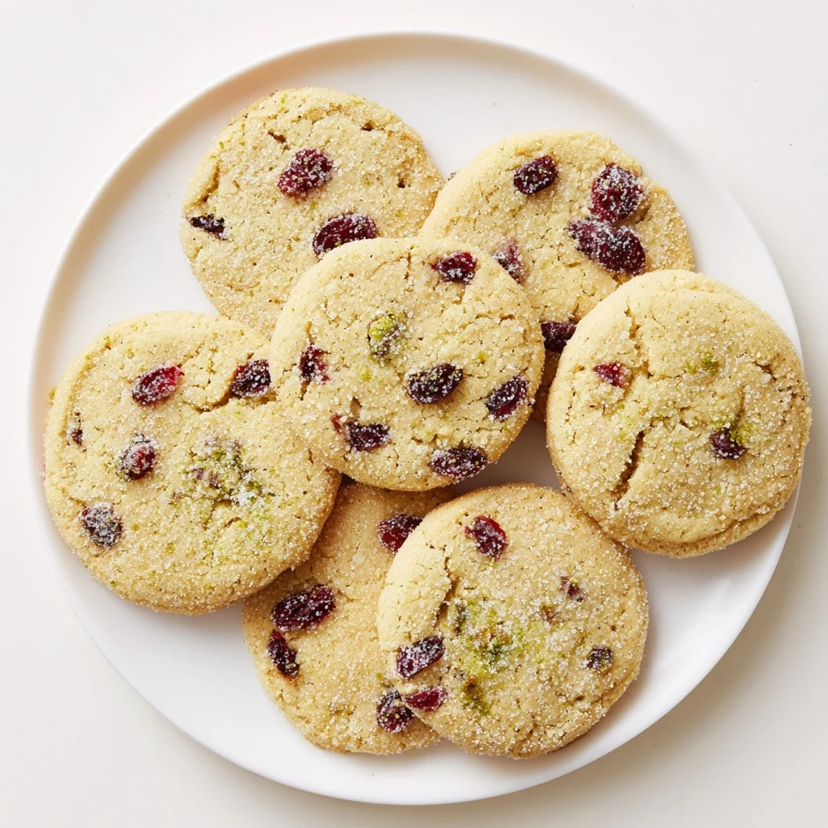 Chewy plant-based cherry lime sugar cookies with golden edges and sugary coating on a white plate