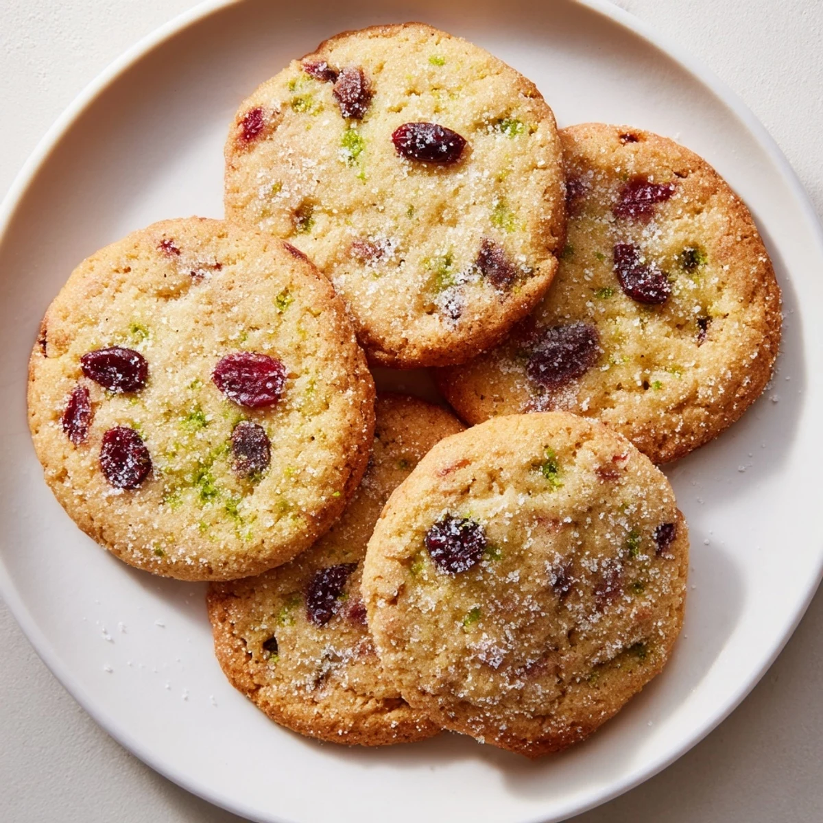 Baked vegan cherry lime sugar cookies topped with sparkling sugar and colorful dried cherry pieces