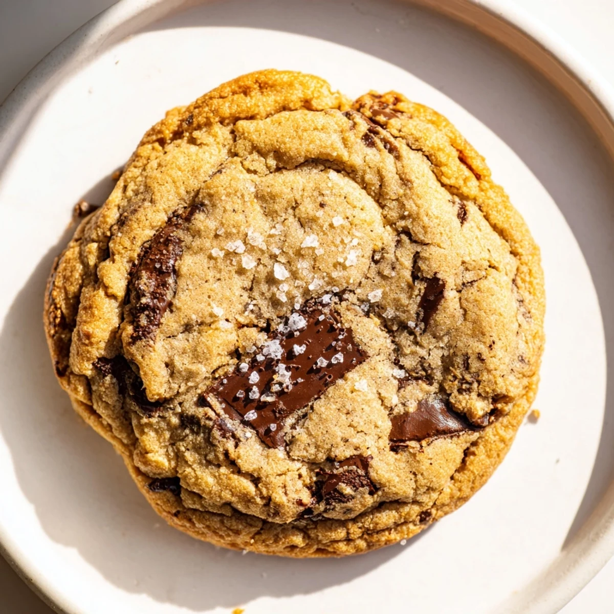 Freshly baked brown butter maple chocolate chip cookies sprinkled with flaky sea salt