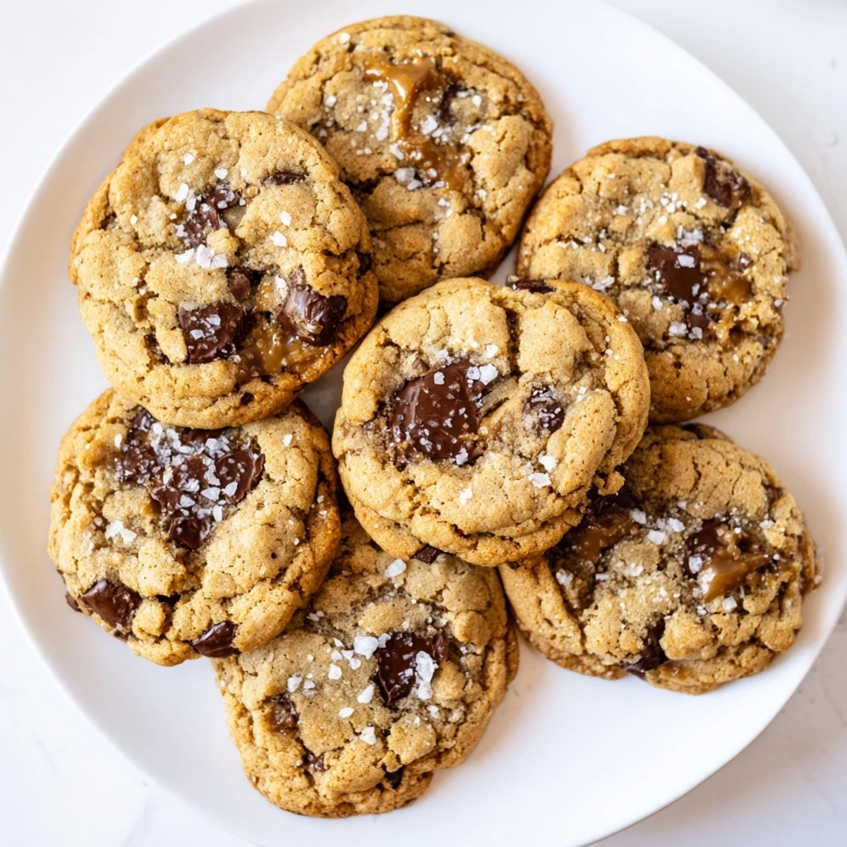 Golden gluten-free salted caramel chocolate chip cookies with melted caramel pools and flaky sea salt on top