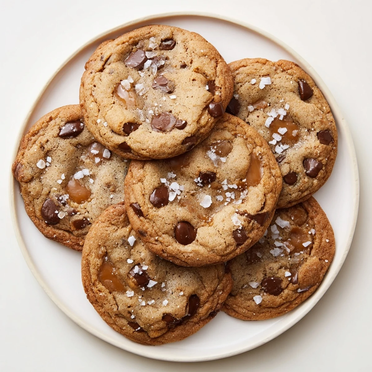 Freshly baked gluten-free salted caramel chocolate chip cookies cooling on a wire rack with glossy caramel centers
