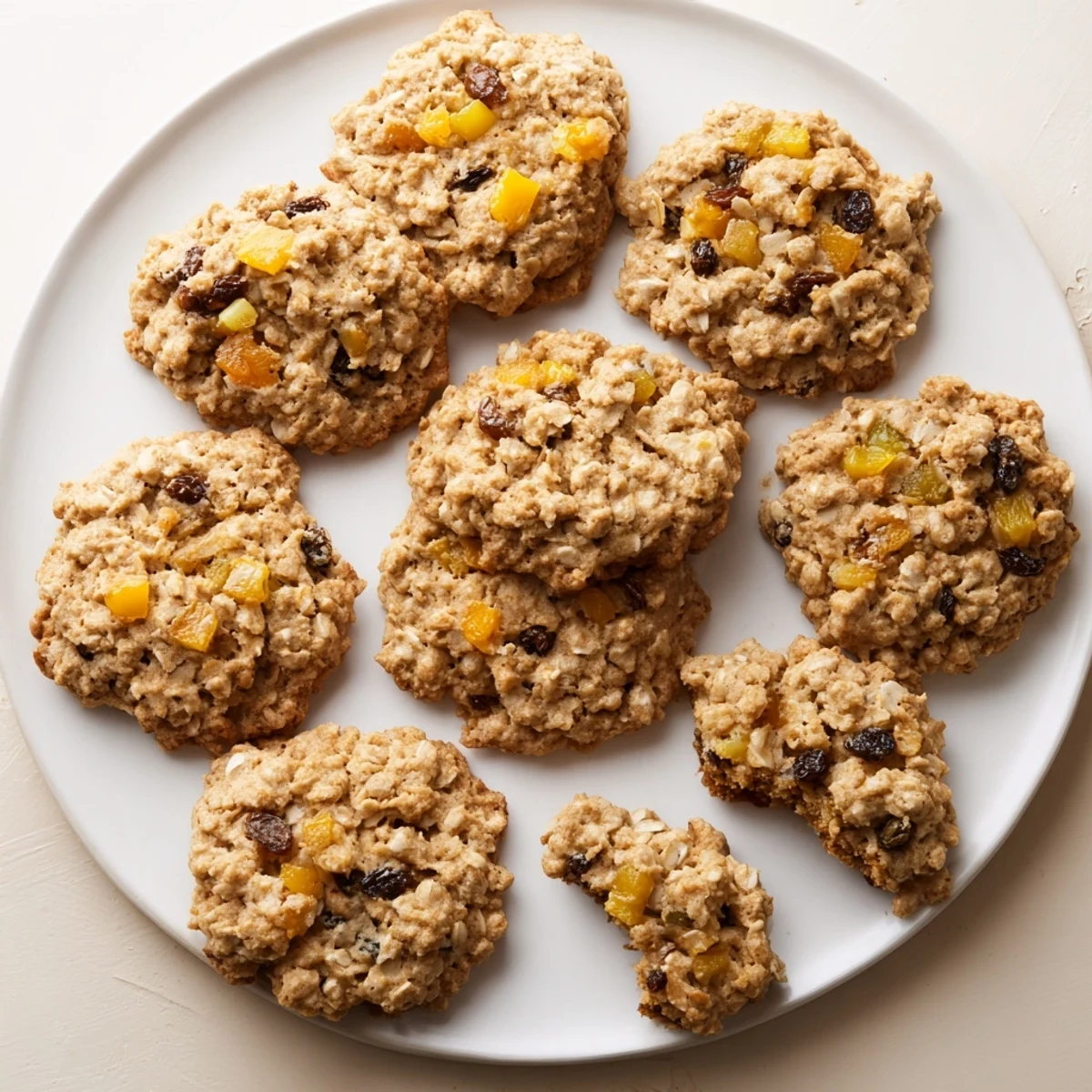 Batch of homemade mango coconut oatmeal raisin cookies with visible oats and raisins