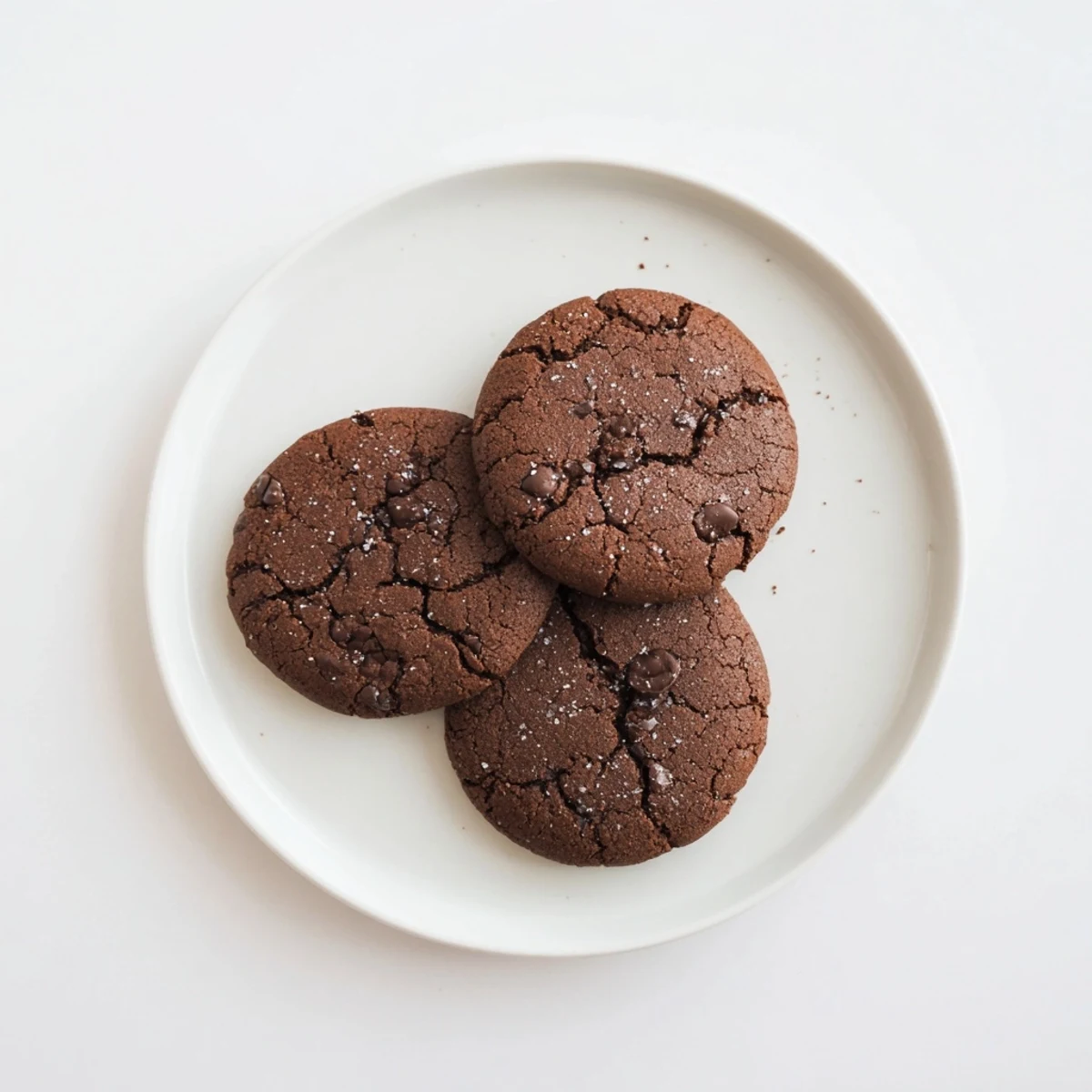 Plate of soft keto cocoa almond butter cookies with cracked tops and dark chocolate chips