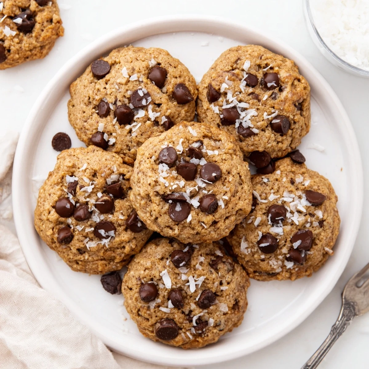 Plate of dairy-free vegan coconut cream chocolate chip cookies showing crackly edges and gooey chocolate chip centers