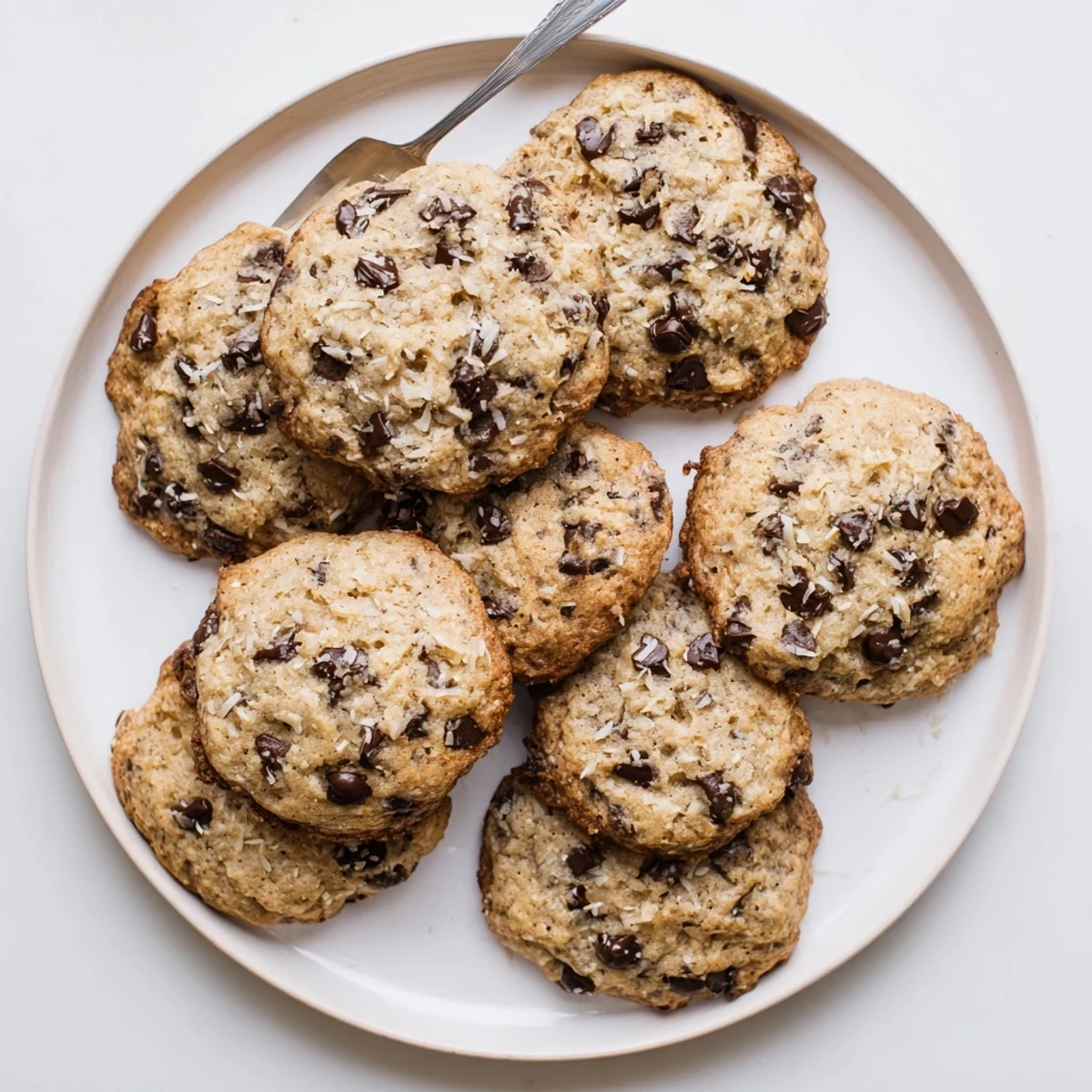 Golden vegan coconut cream chocolate chip cookies stacked on a wooden board with melted chocolate pools visible