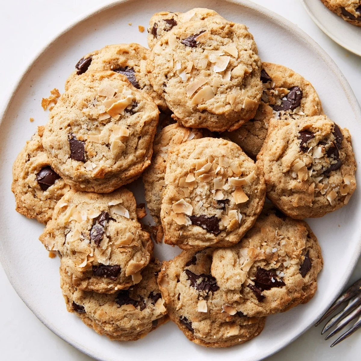 Soft chewy vegan coconut cream chocolate chip cookies fresh from oven with toasted shredded coconut flakes on top
