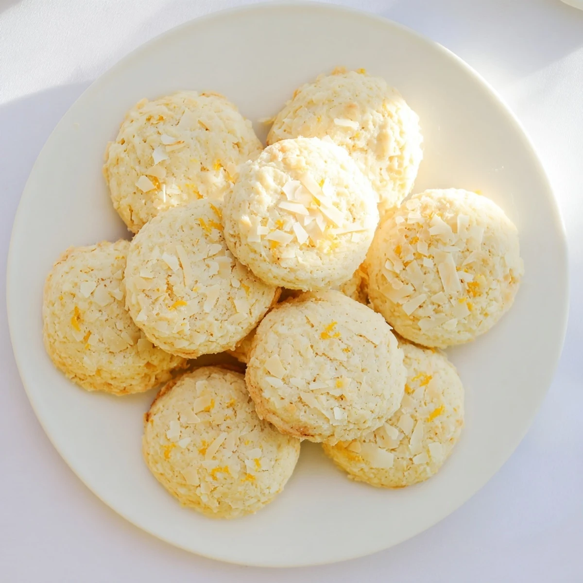 Golden gluten-free lemon coconut cookies with visible coconut flakes and zesty lemon shimmer