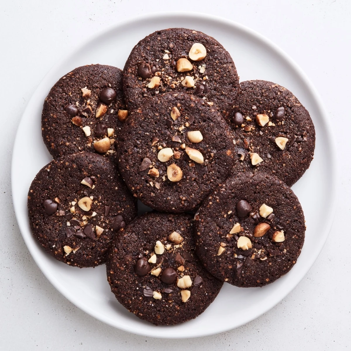 Golden brown keto hazelnut cocoa cookies with melted chocolate chips and chopped roasted hazelnuts on a white plate