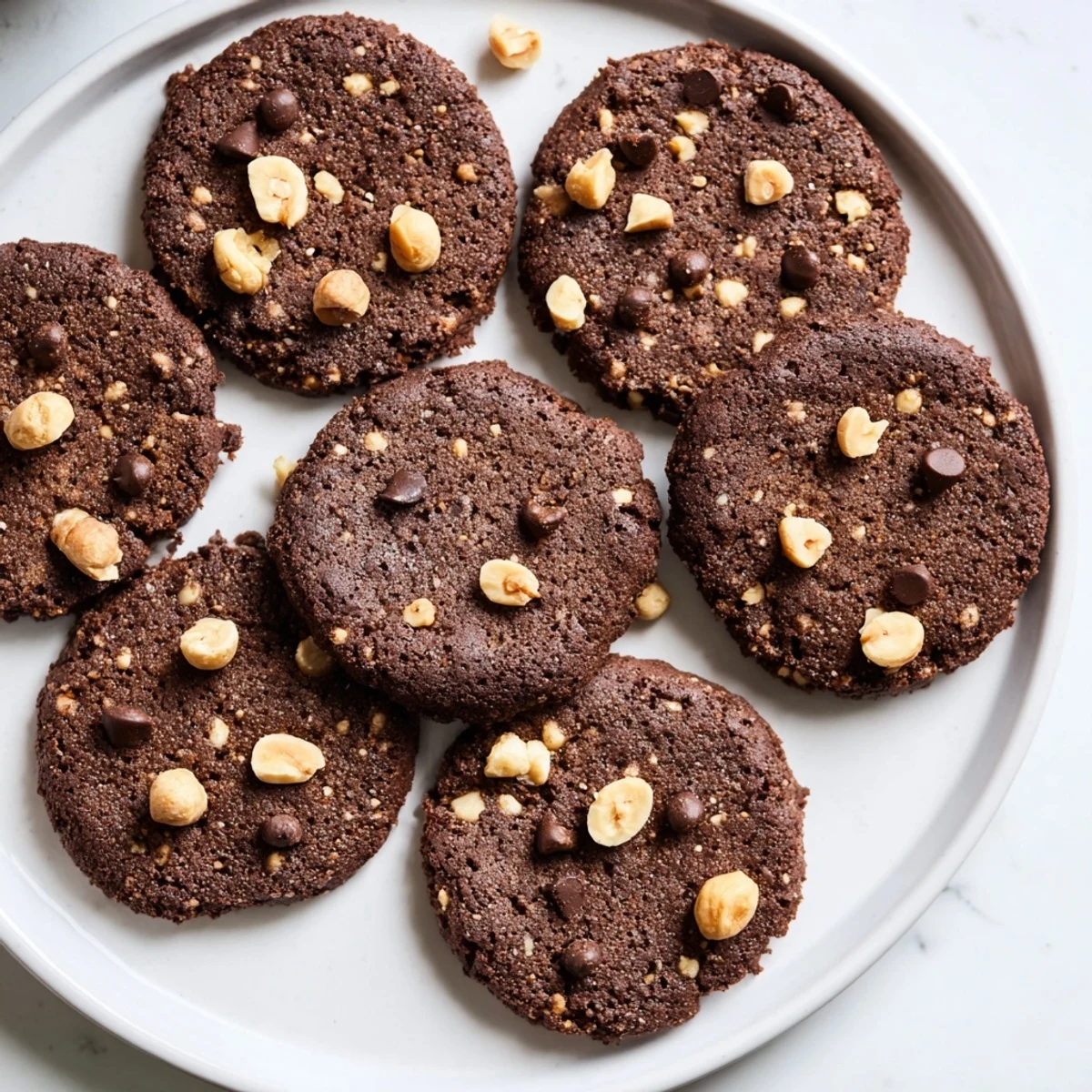 Stack of rich chocolate hazelnut keto cookies topped with extra nuts and sugar-free dark chocolate chips on parchment paper
