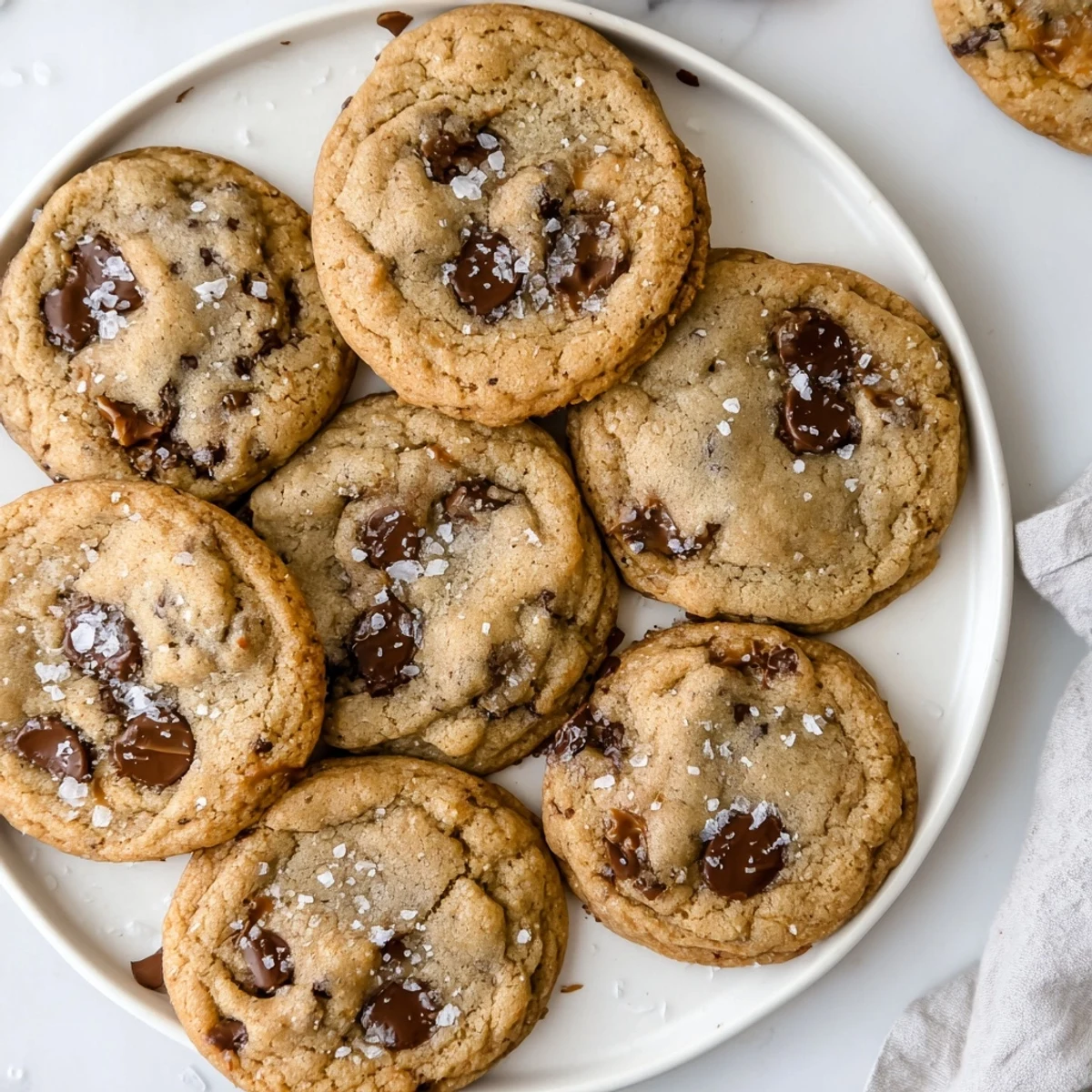 Freshly baked brown butter caramel chocolate chip cookies on a wire rack, edges golden and centers soft