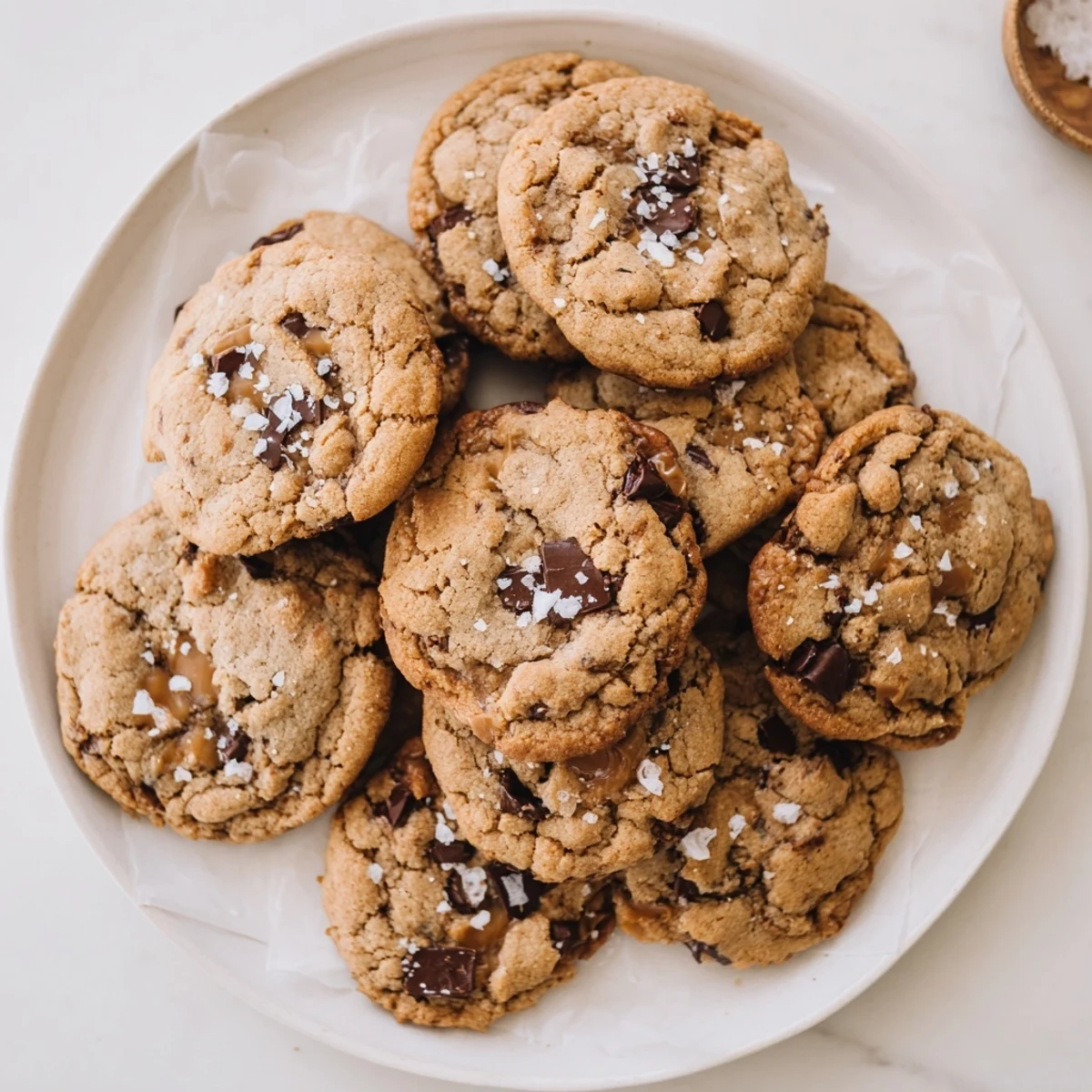 Golden brown butter caramel chocolate chip cookies with gooey caramel bits and melted chocolate chips