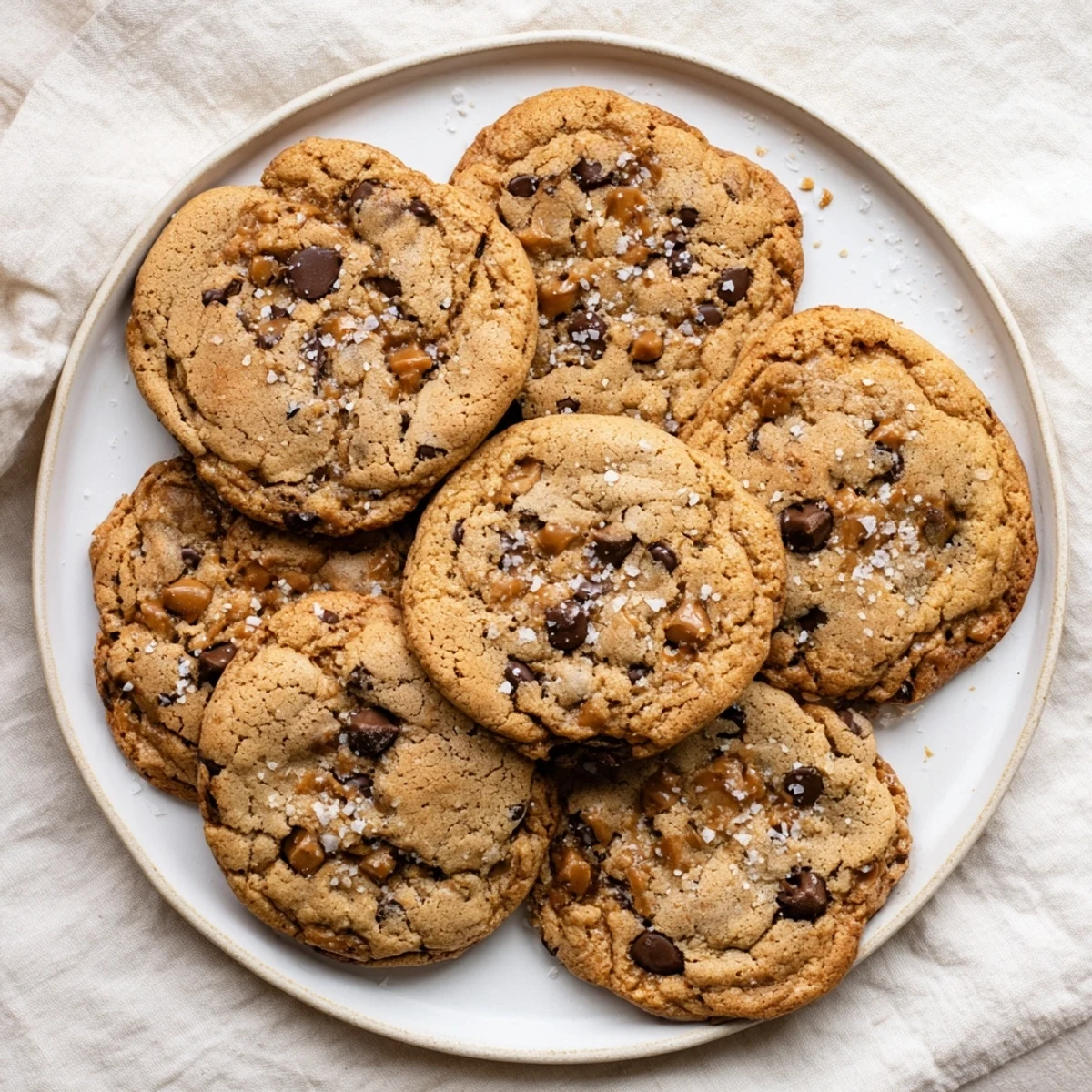 Stack of warm brown butter caramel chocolate chip cookies with flaky sea salt on a wooden board