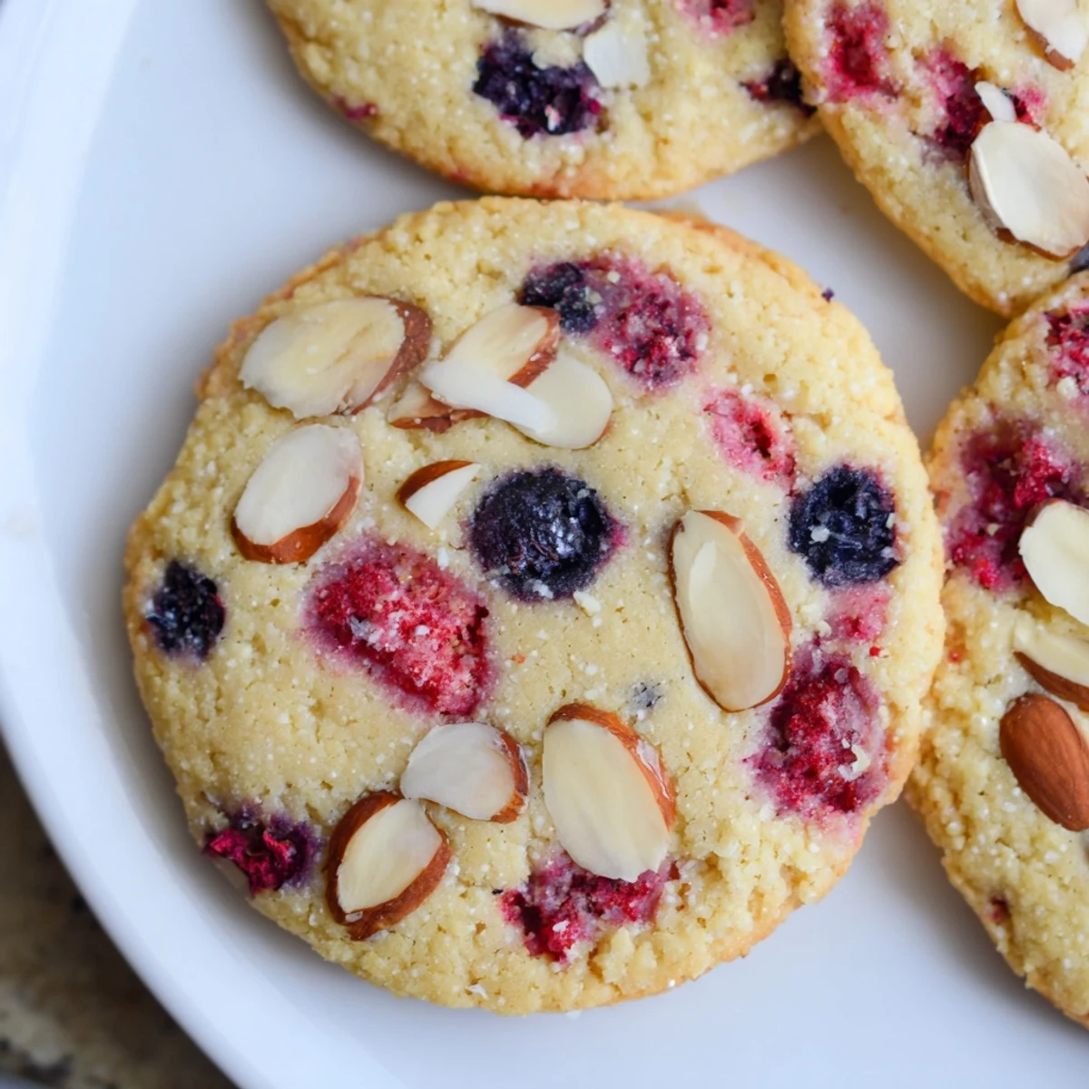 Stack of gluten-free almond berry sugar cookies topped with sliced almonds and colorful berry pieces