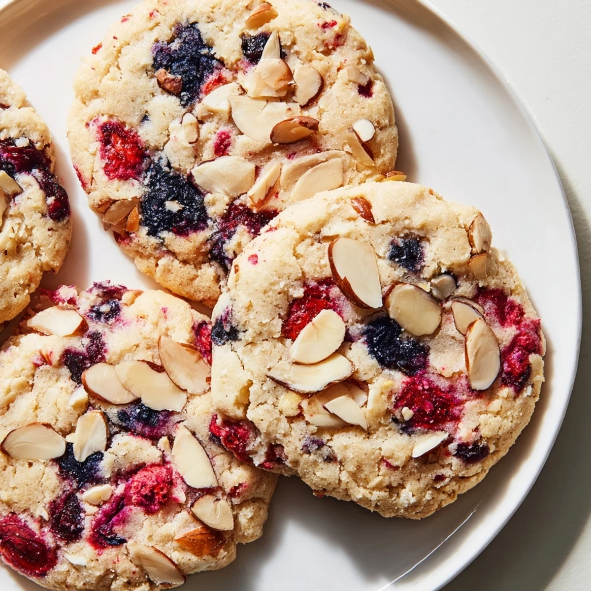Tender gluten-free almond berry sugar cookies dotted with fresh raspberries and blueberries on white plate