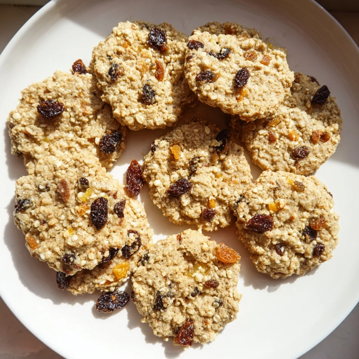 Soft golden vegan fig orange oatmeal raisin cookies stacked on a wooden cutting board, garnished with fresh orange slices