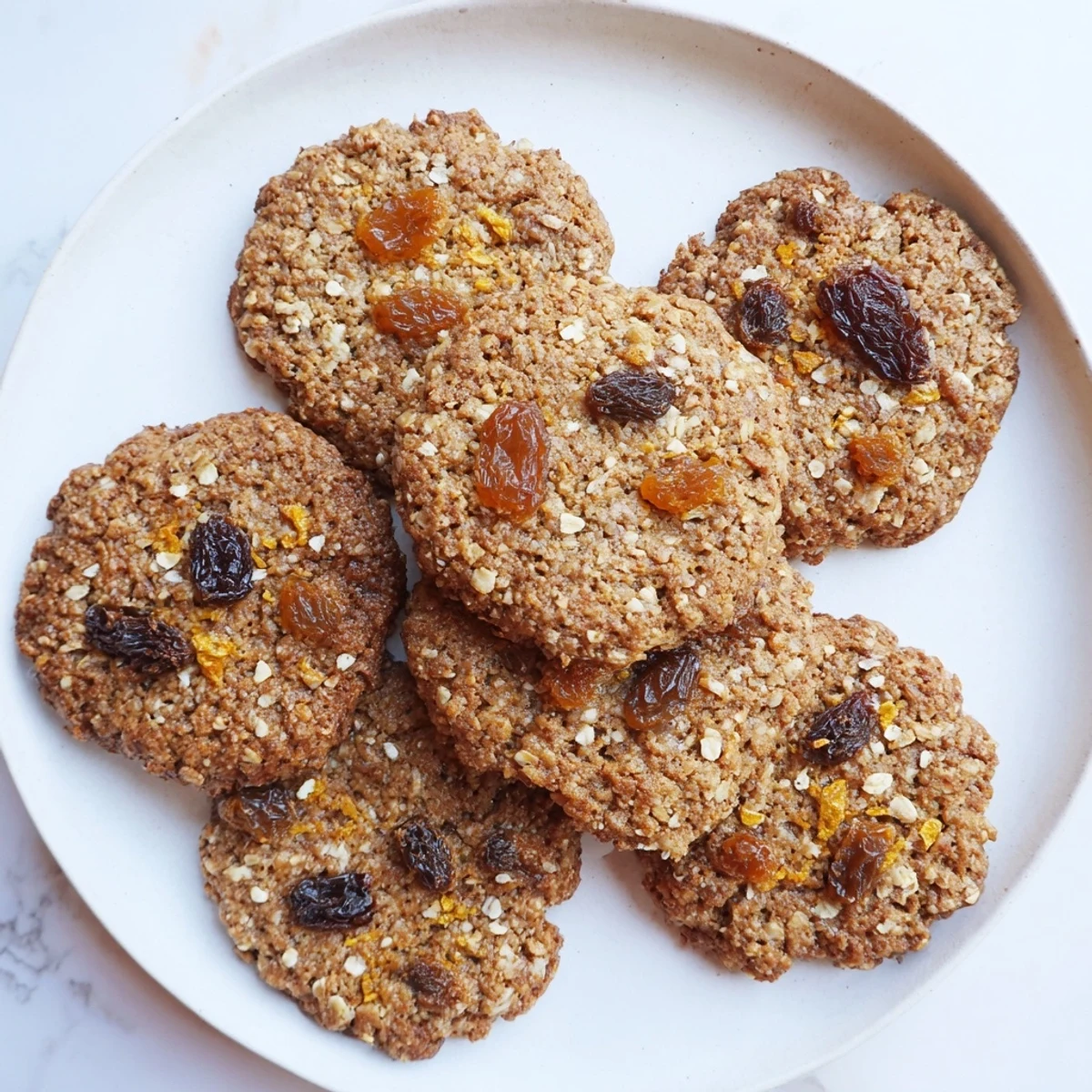 Freshly baked vegan fig orange oatmeal raisin cookies showing chewy texture with visible oats and fruit pieces on white plate