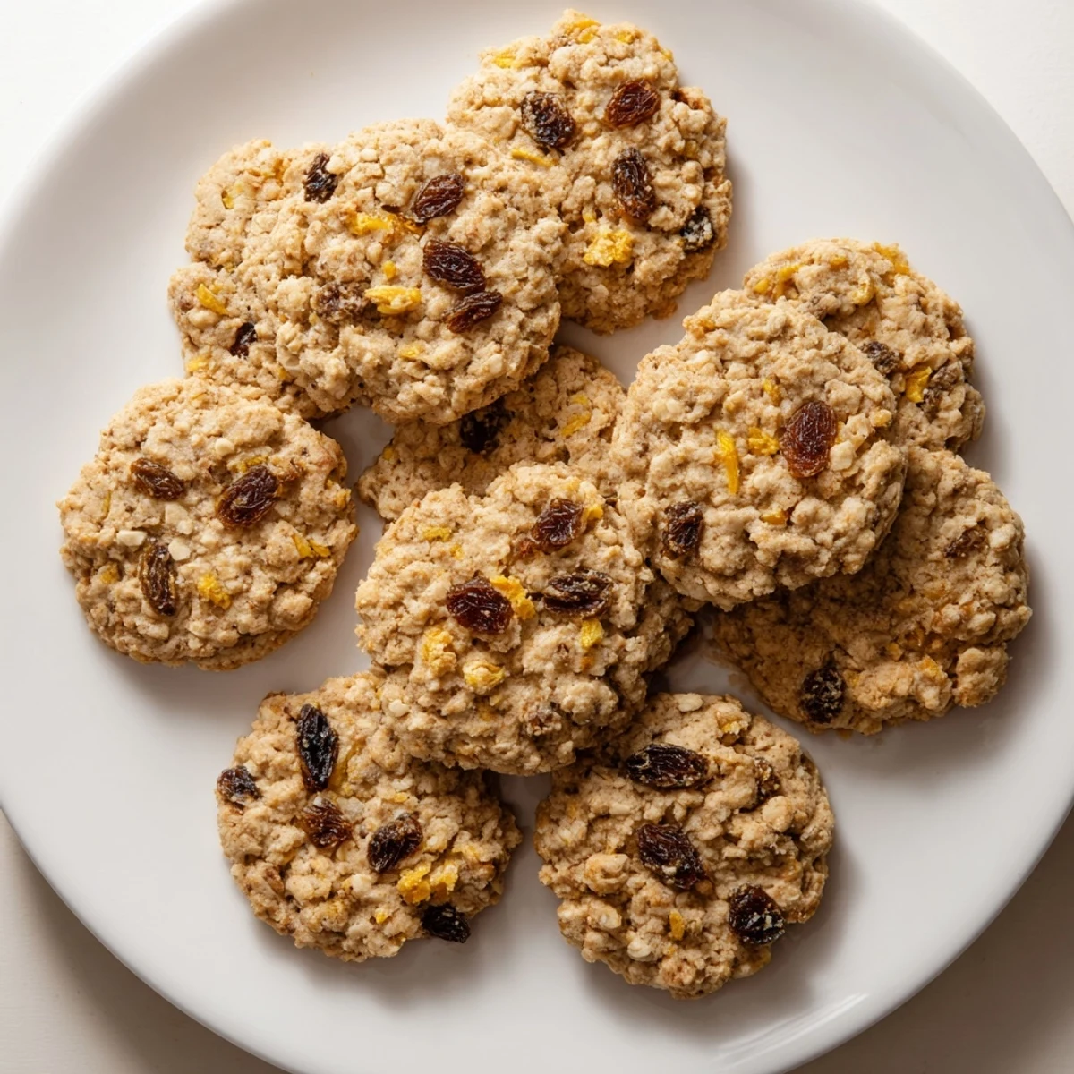 Close up of warm vegan fig orange oatmeal raisin cookies with golden edges and plump dried fruit flecks