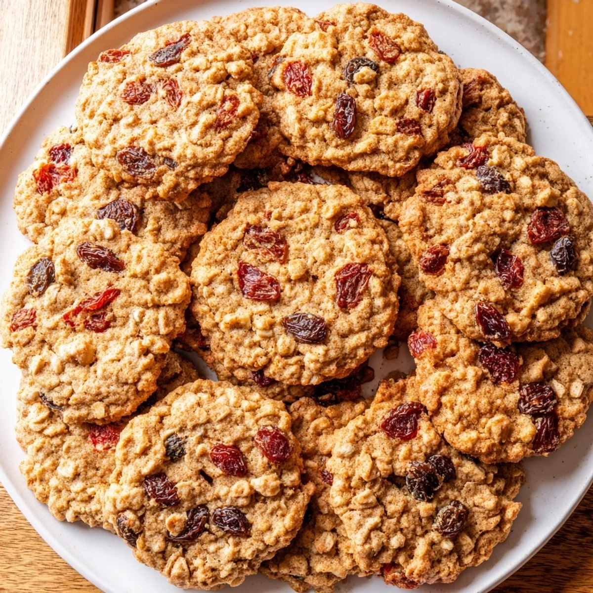 Homemade plum cinnamon oatmeal raisin cookies cooling on wire rack with raisin specks visible