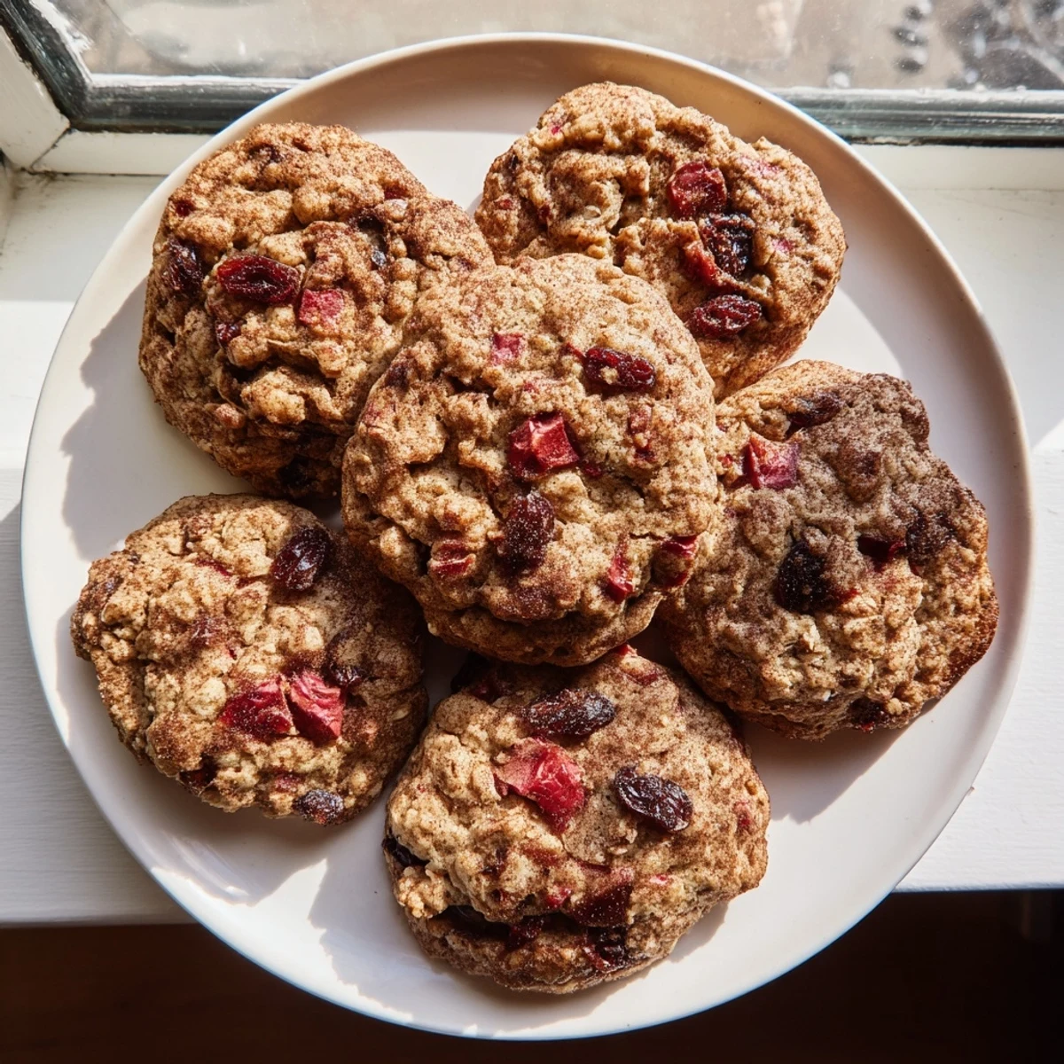 Chewy oatmeal raisin cookies topped with diced fresh plums and dusted with cinnamon