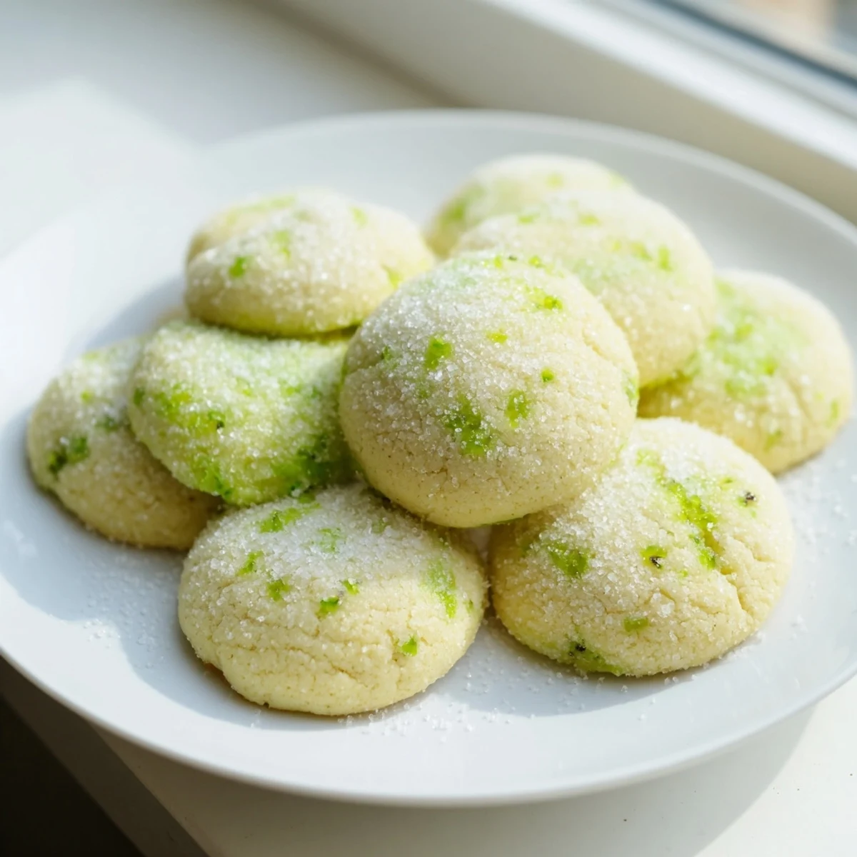 Zesty plant-based sugar cookies topped with lime zest on a white serving plate
