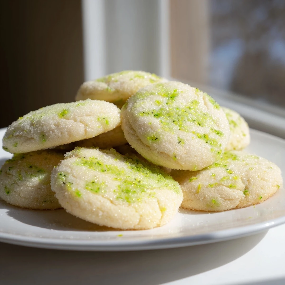 Soft vegan kiwi lime sugar cookies with green fruit specks and sugar coating