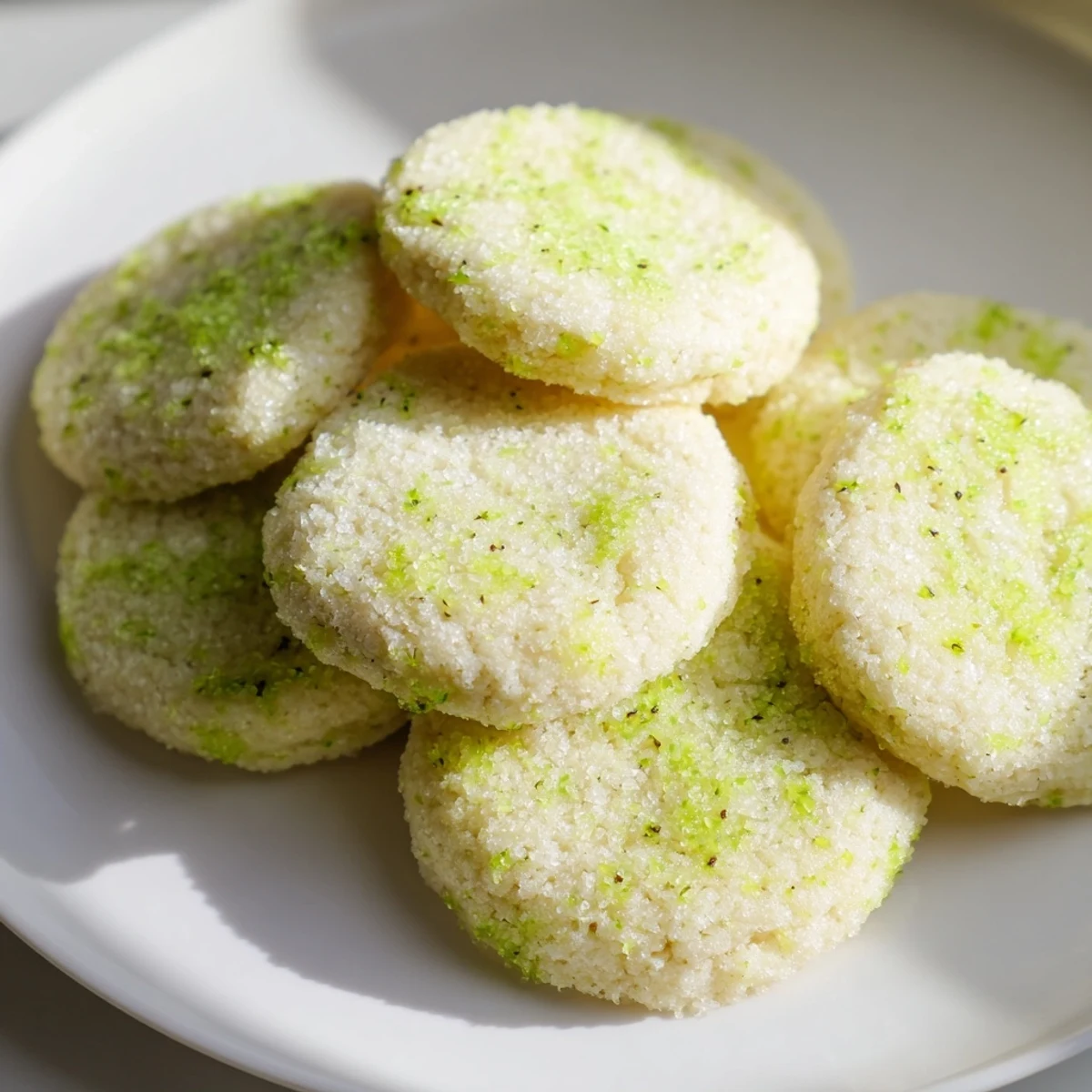 Fresh baked kiwi lime sugar cookies stacked showing soft texture and crumb detail