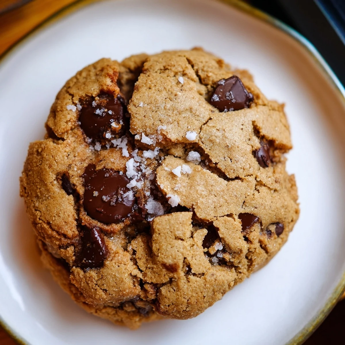 Golden brown gluten-free brown sugar chocolate chip cookies fresh from the oven with melted chocolate centers