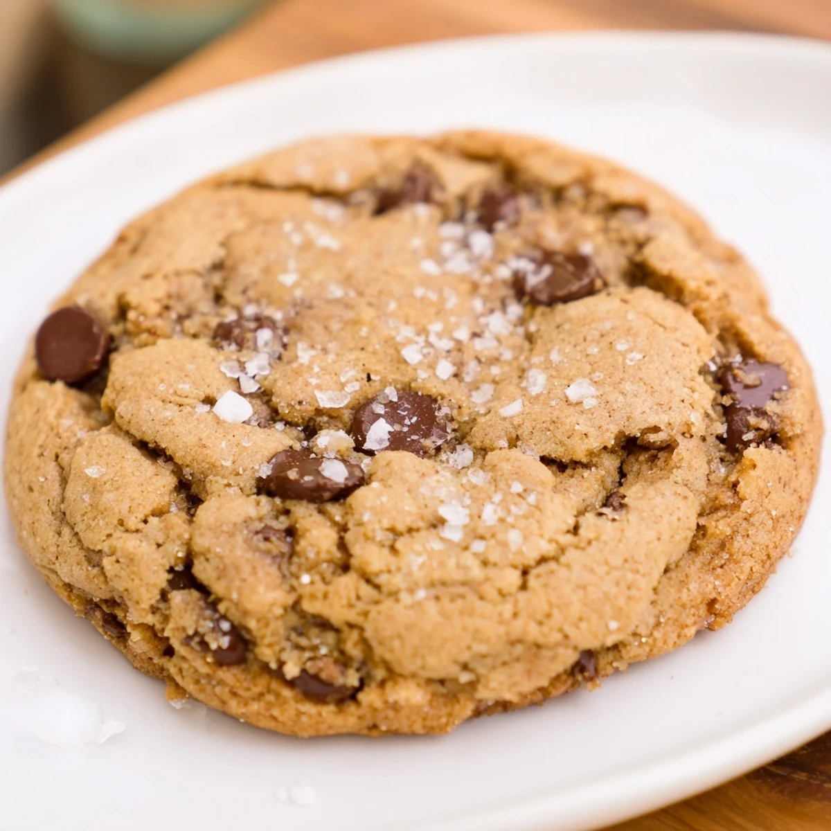 A warm gluten-free brown sugar chocolate chip cookie with gooey chips against a rustic background