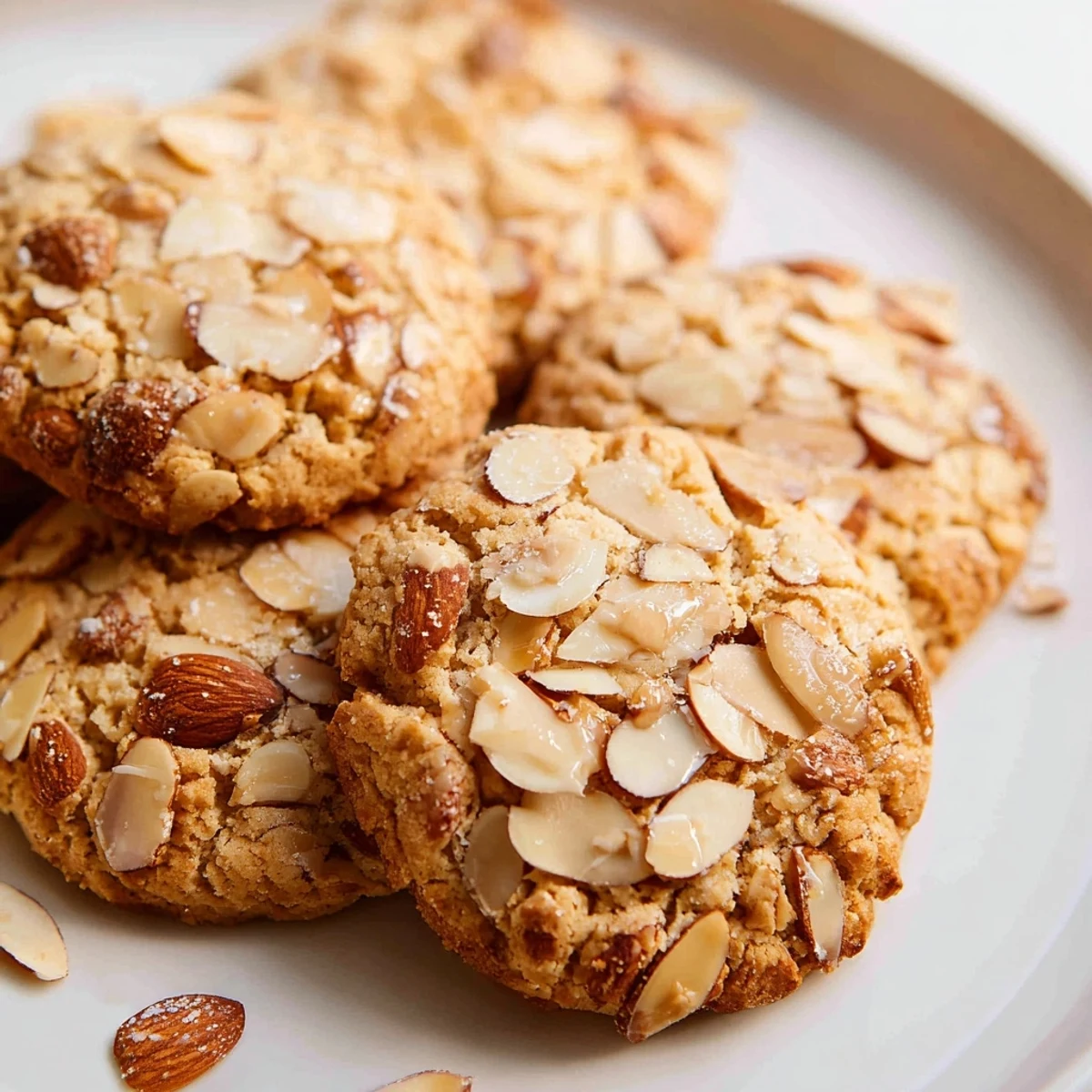Golden gluten-free honey almond cookies with sliced almond toppings on a wire cooling rack