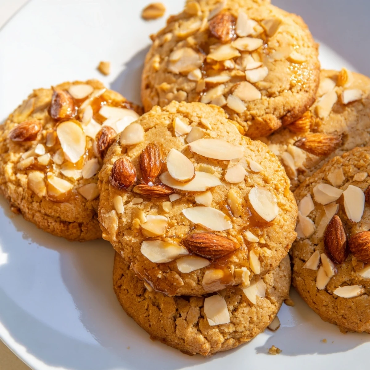 Stack of gluten-free honey almond cookies drizzled with extra honey on white plate
