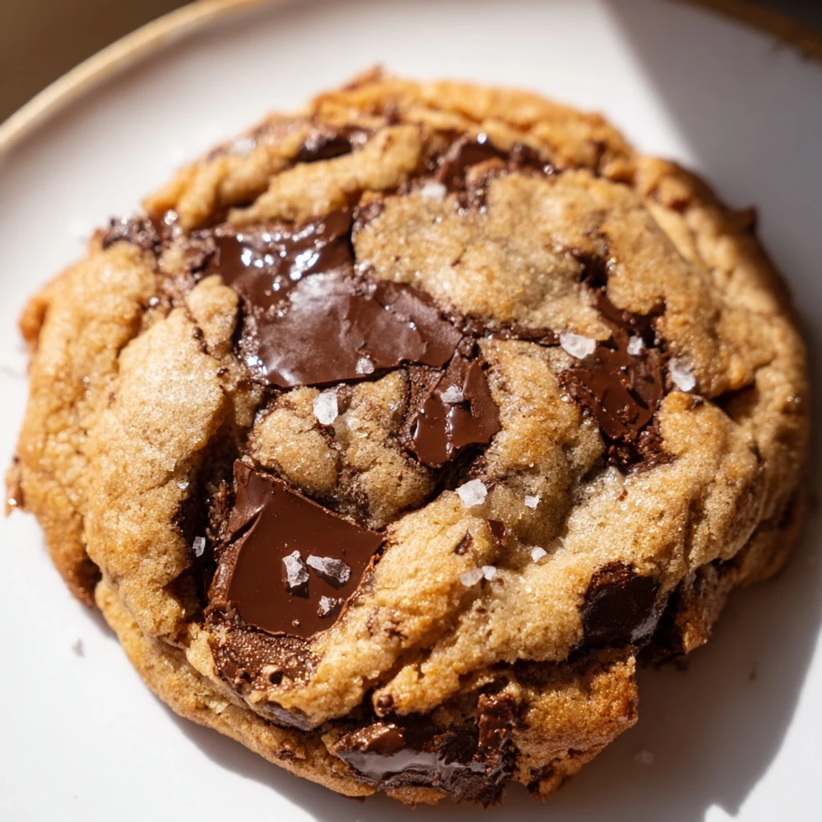 Freshly baked brown butter vanilla chocolate chip cookies with gooey chocolate chunks and golden edges