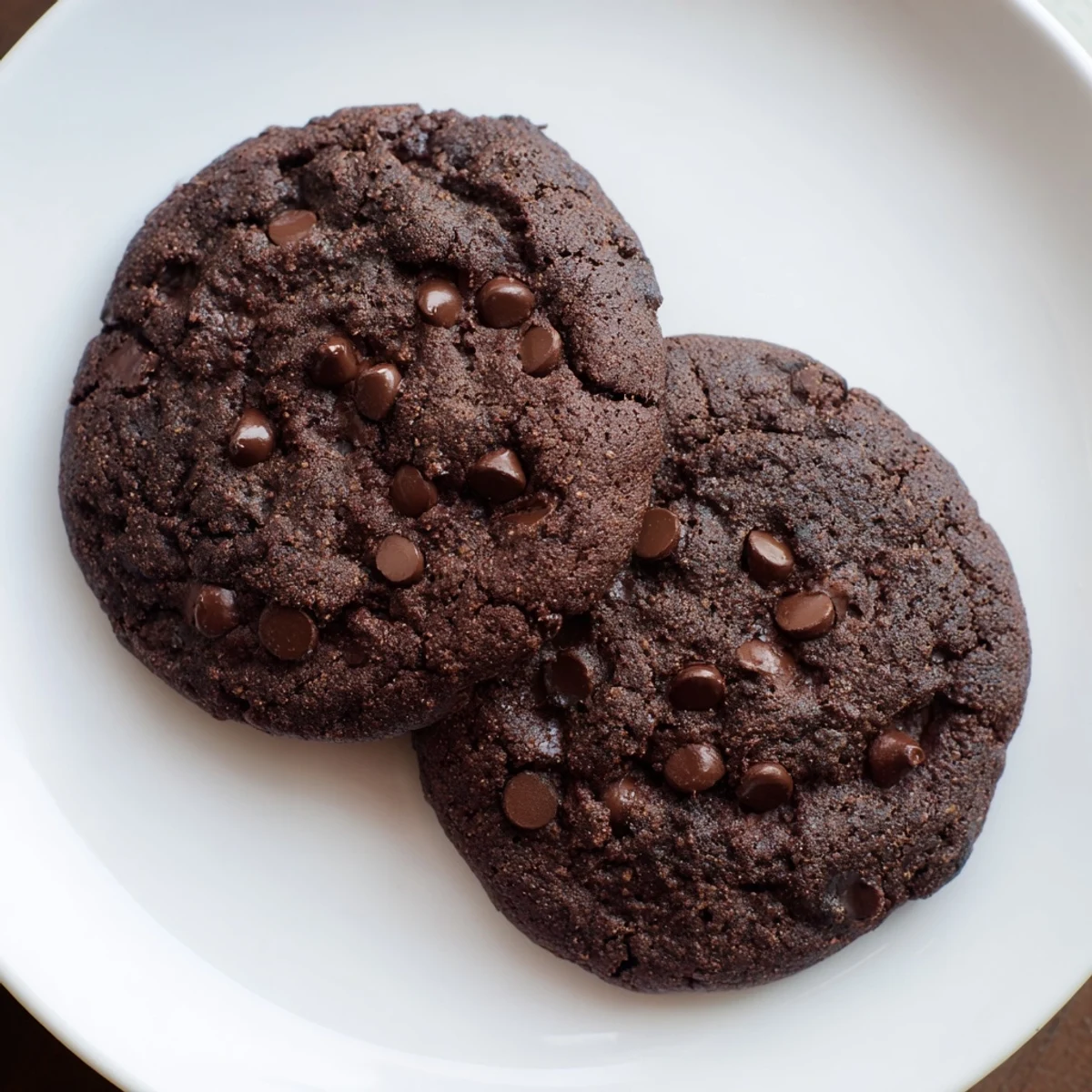Stack of gluten-free double chocolate chip cookies with melted chocolate chips on a white plate