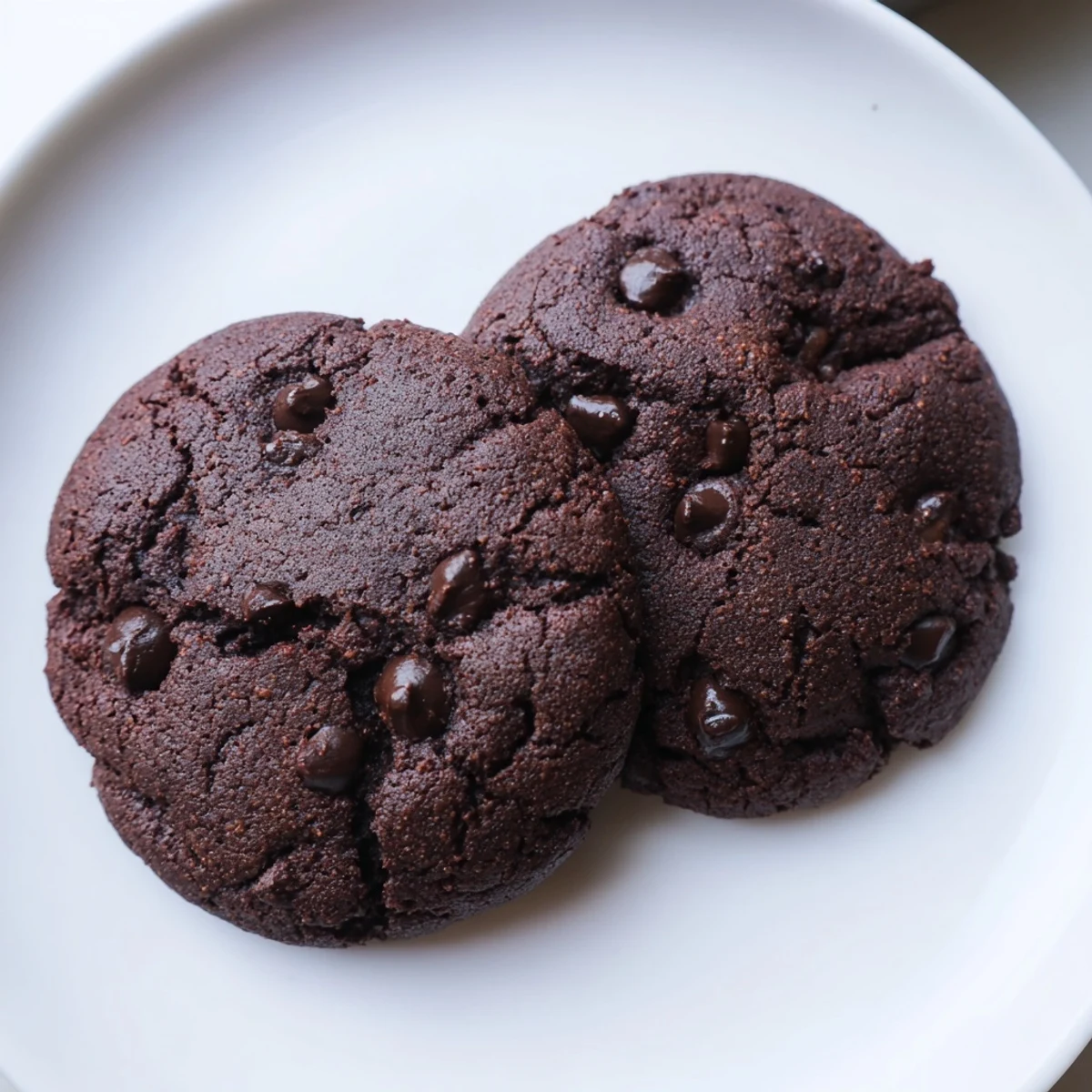 Chewy gluten-free double chocolate chip cookies fresh from the oven with golden edges and soft centers