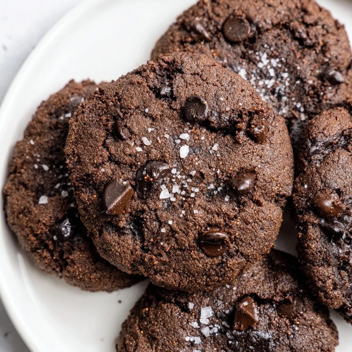 Batch of low-carb dark chocolate espresso cookies stacked on a wire cooling rack after baking