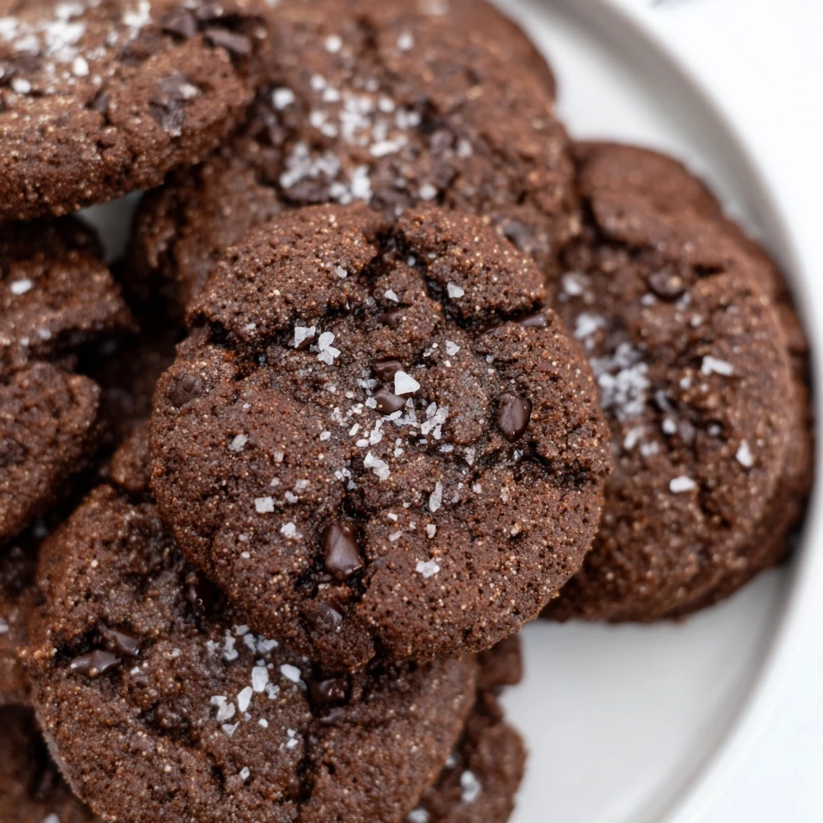 Close-up of chewy keto dark chocolate espresso cookies featuring deep cocoa color and glossy chocolate chip pieces