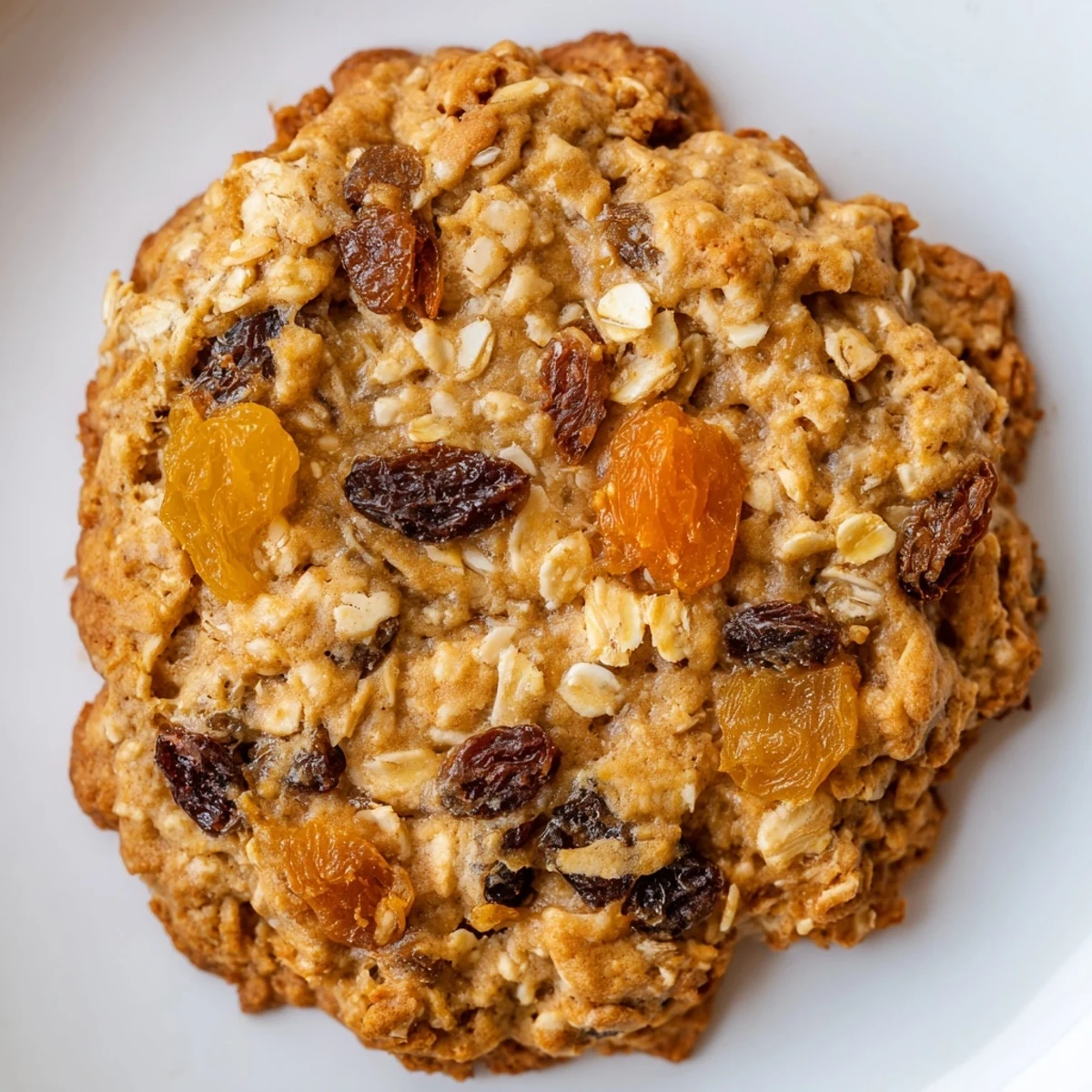 Golden brown vegan apricot coconut oatmeal raisin cookies fresh from the oven with chewy texture