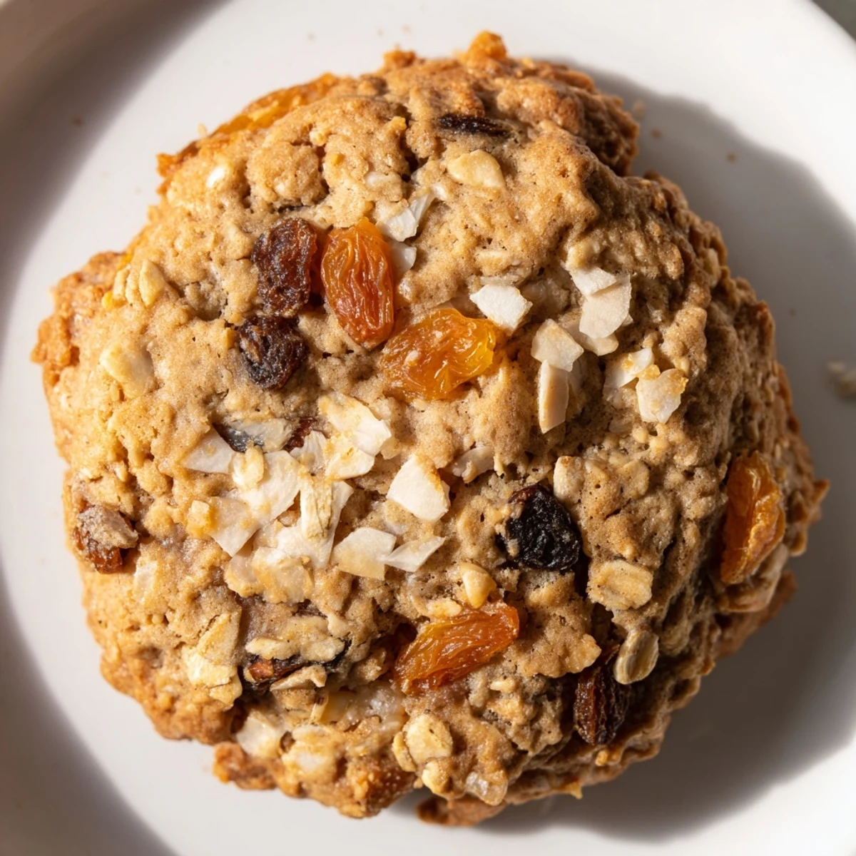 Plate of vegan apricot coconut oatmeal raisin cookies studded with bright orange apricots and raisins