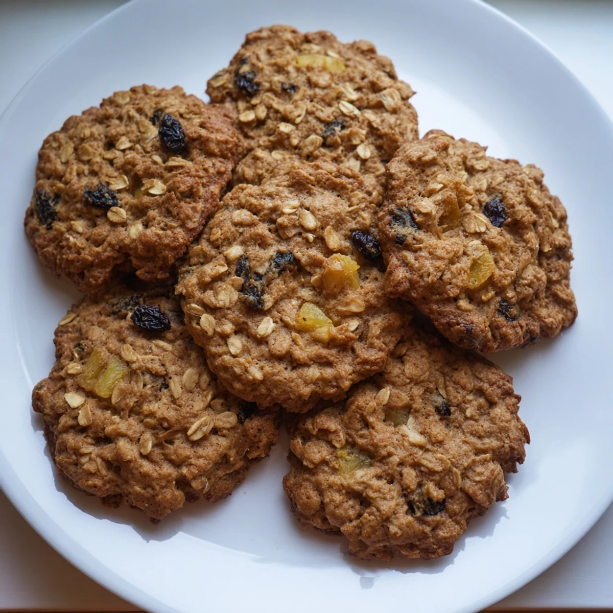 Soft baked pineapple raisin oatmeal cookies with chewy fruit pieces and golden brown edges