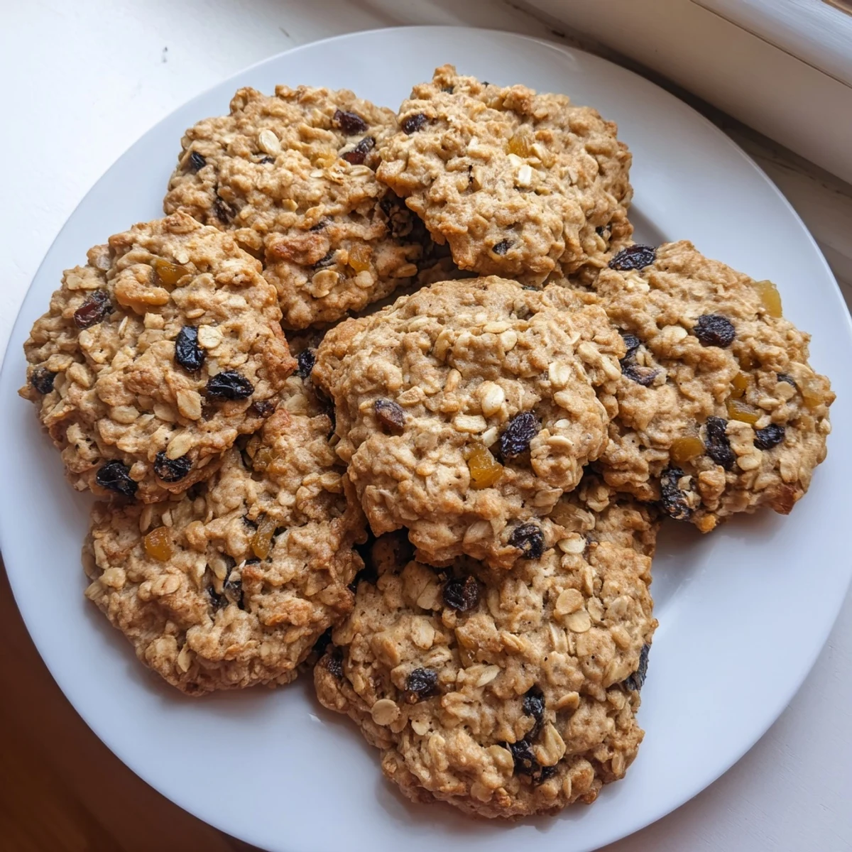 Freshly baked tropical oatmeal cookies featuring sweet pineapple and plump raisins on parchment paper