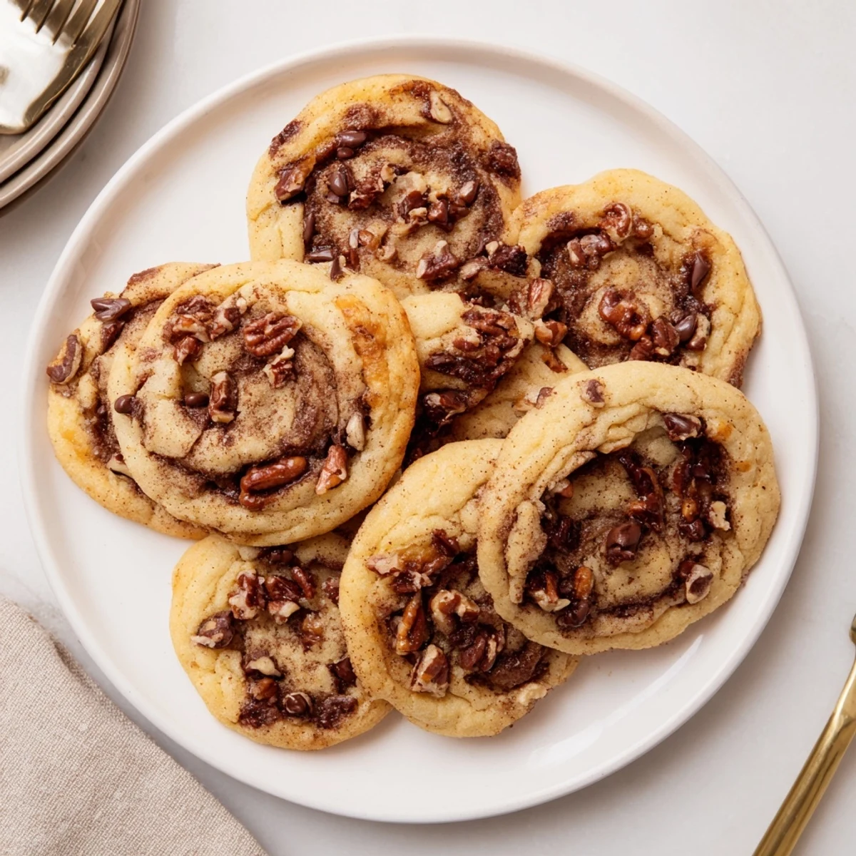 Soft golden keto cinnamon roll chocolate chip cookies with melted chocolate swirls on a white plate